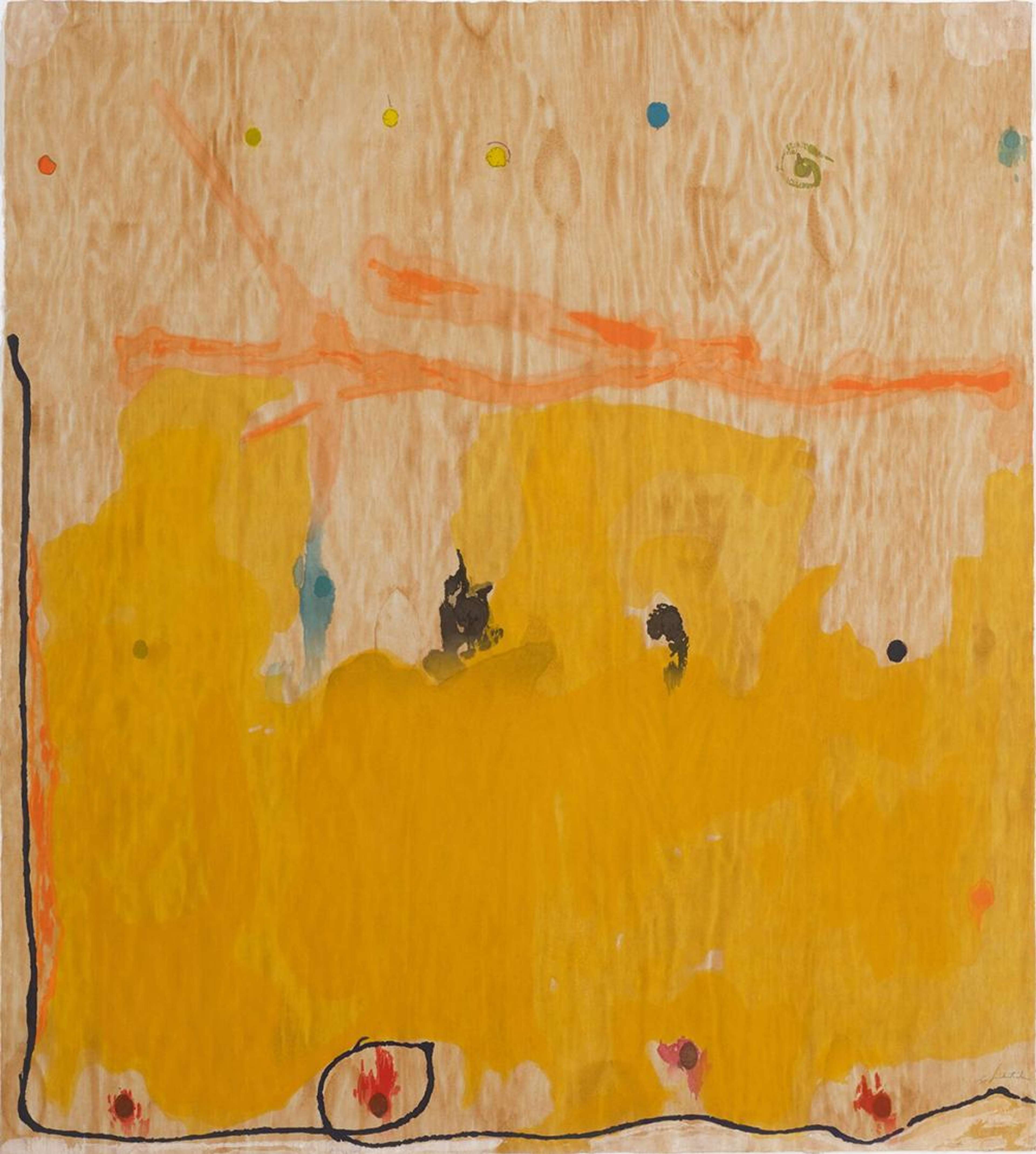 Helen Frankenthaler’s Tales Of Genji II. An abstract expressionist woodcut print of an orange based landscape with various accent colours. 