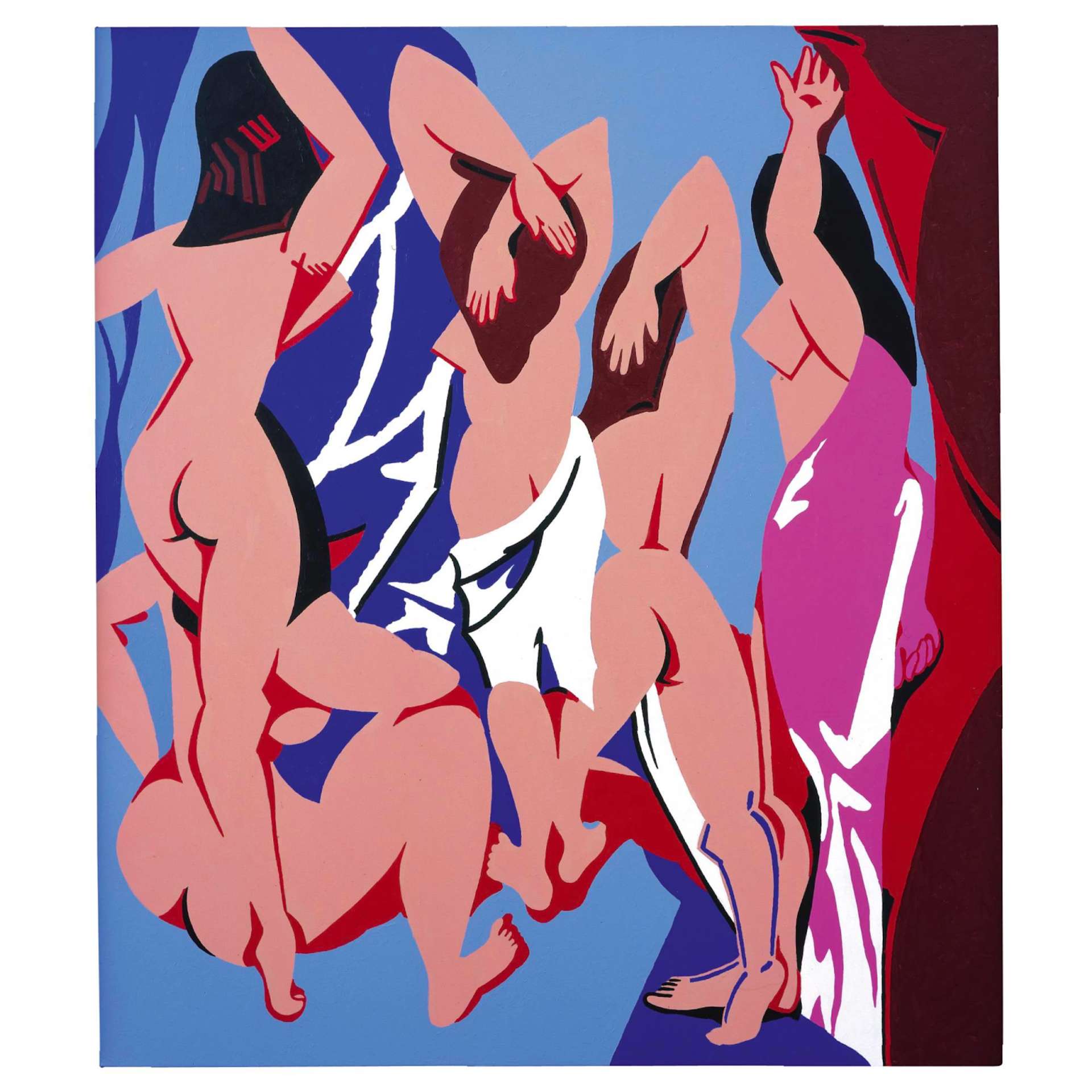 A rear view of five abstracted nude women in different poses against a backdrop of abstracted red and blue shapes.