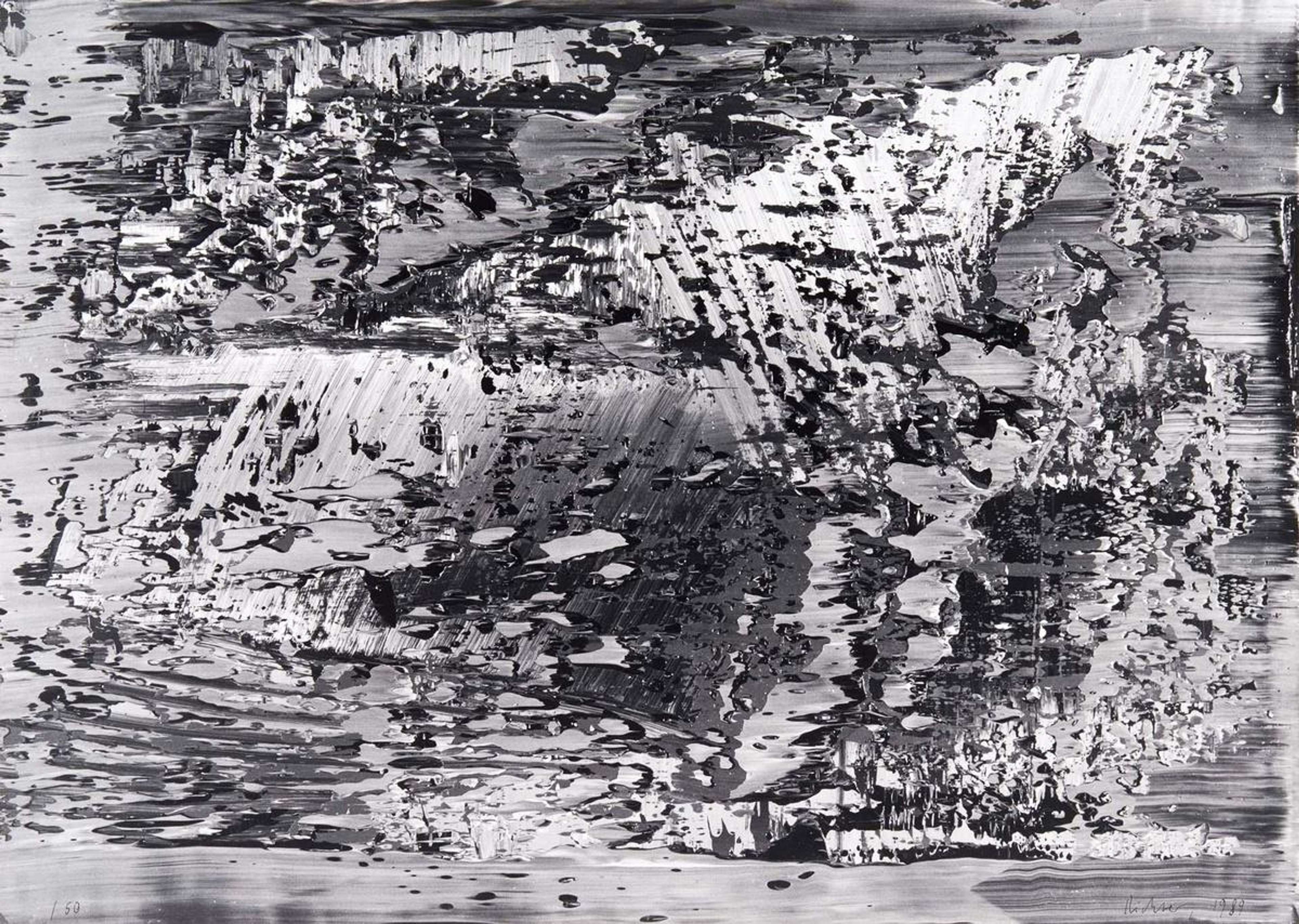 Monochrome print by Gerhard Richter depicting abstracted curved shapes, resembling oil paint smeared across a flat photo surface.
