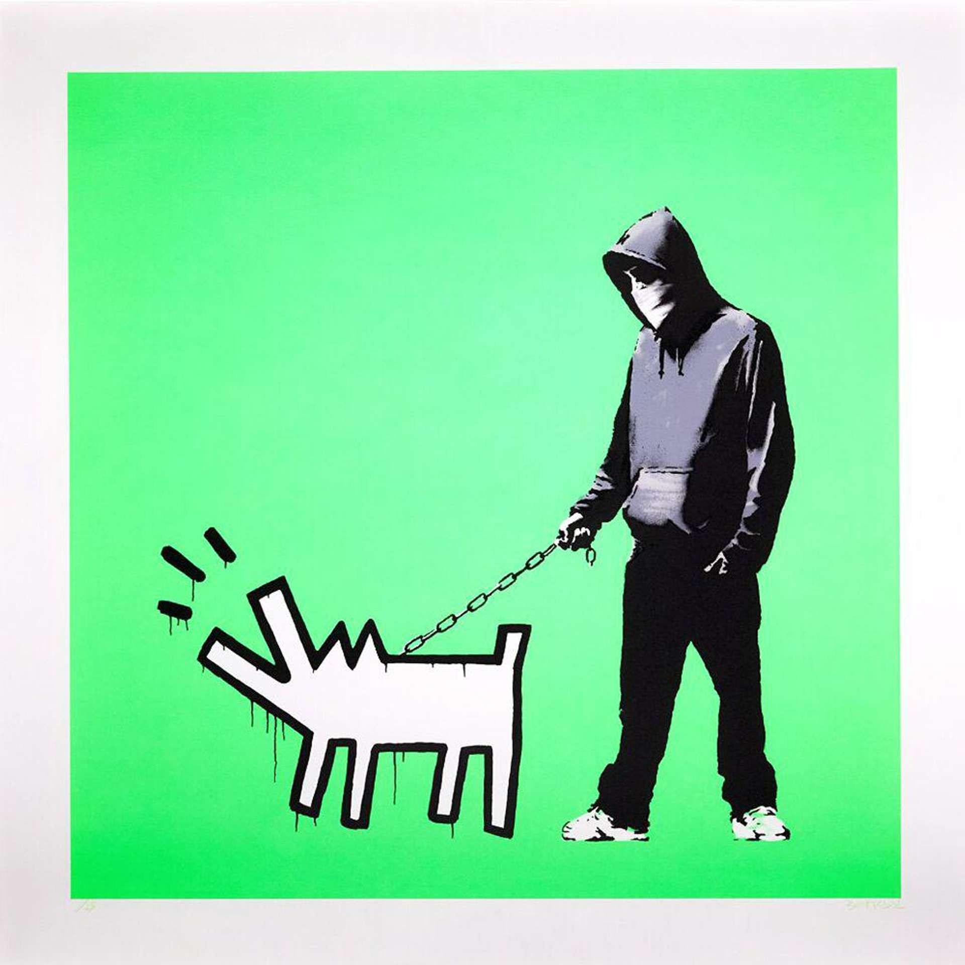 A screenprint by Banksy which homages Keith Haring's iconic barking dog, depicted here held by a hooded man against a neon green background.