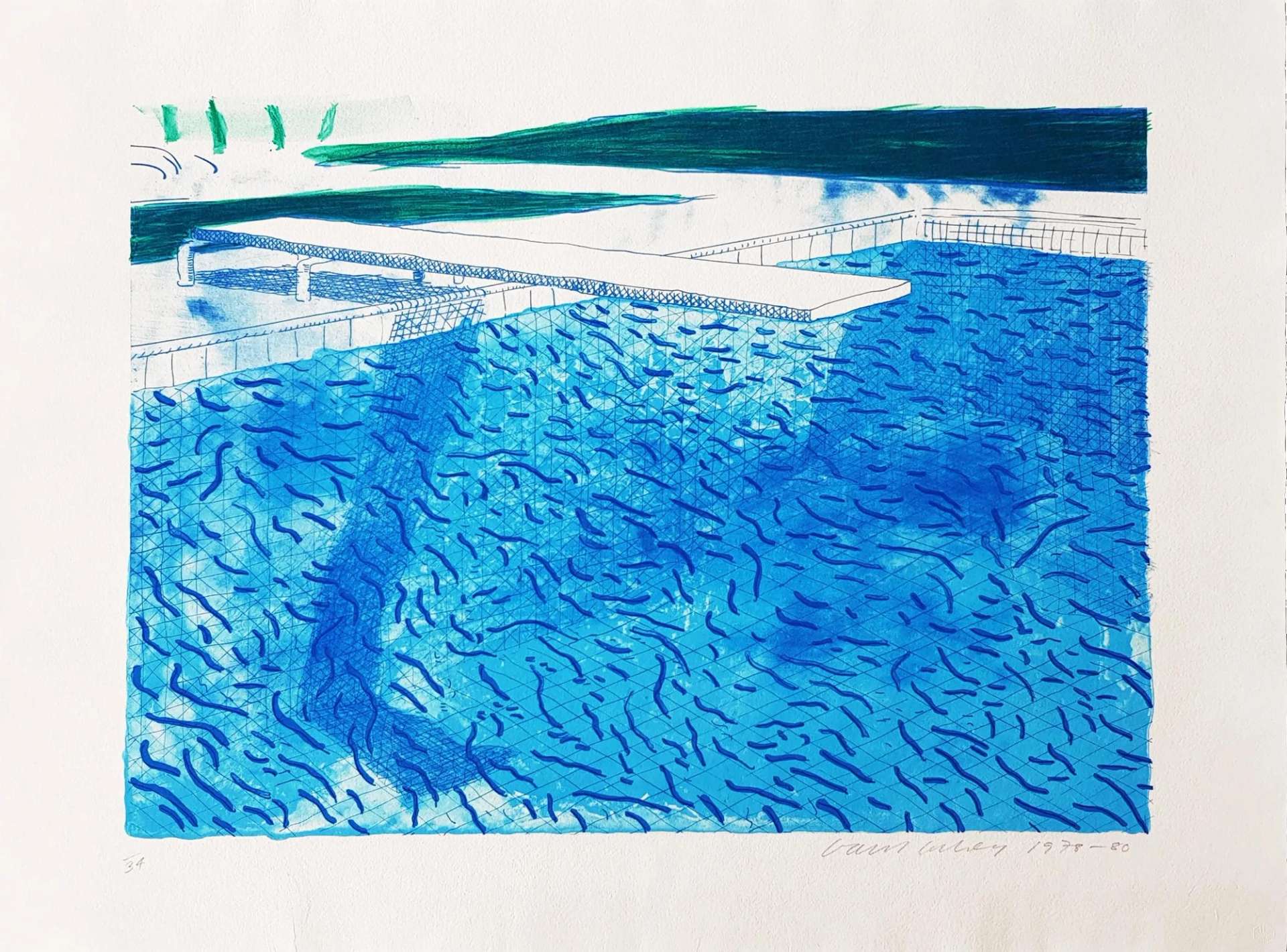 A lithograph by David Hockney depicting a blue swimming pool with a diving board.