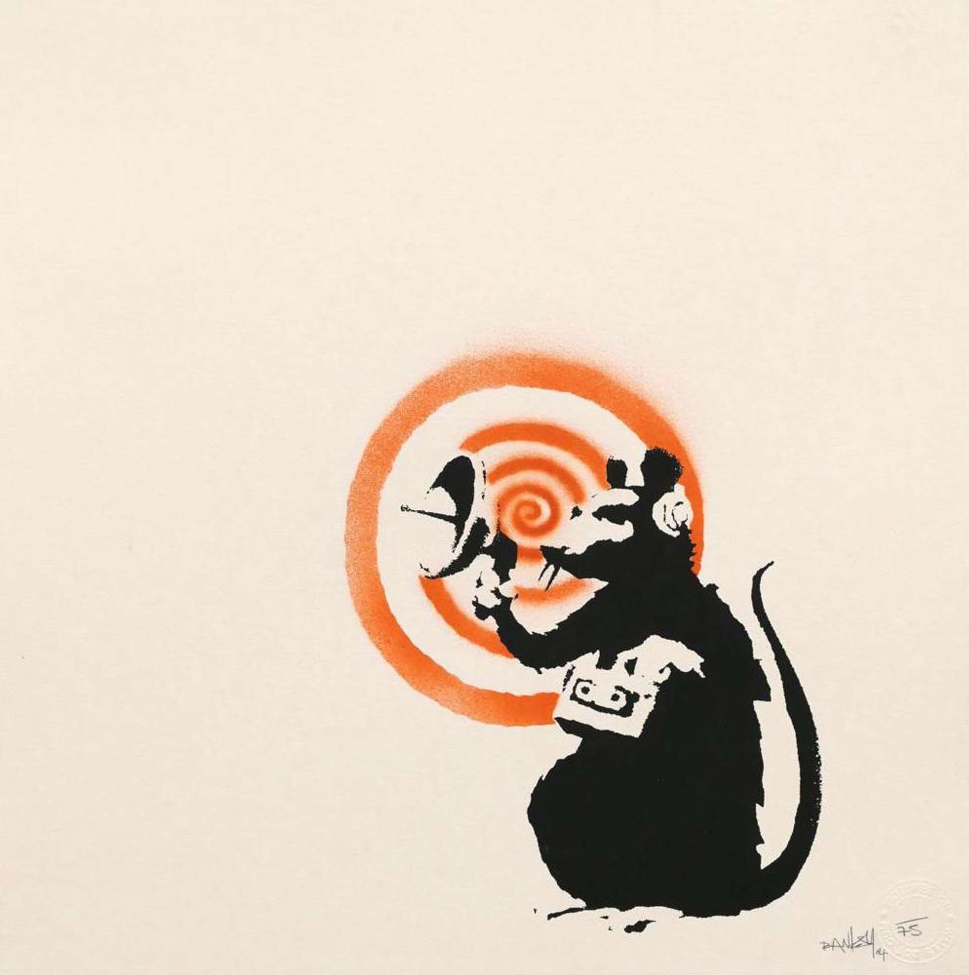 A hand finished screenprint by Banksy of a spray-painted rat holding a tape recorder and receiver, set against a sprayed red swirl on an off-white background