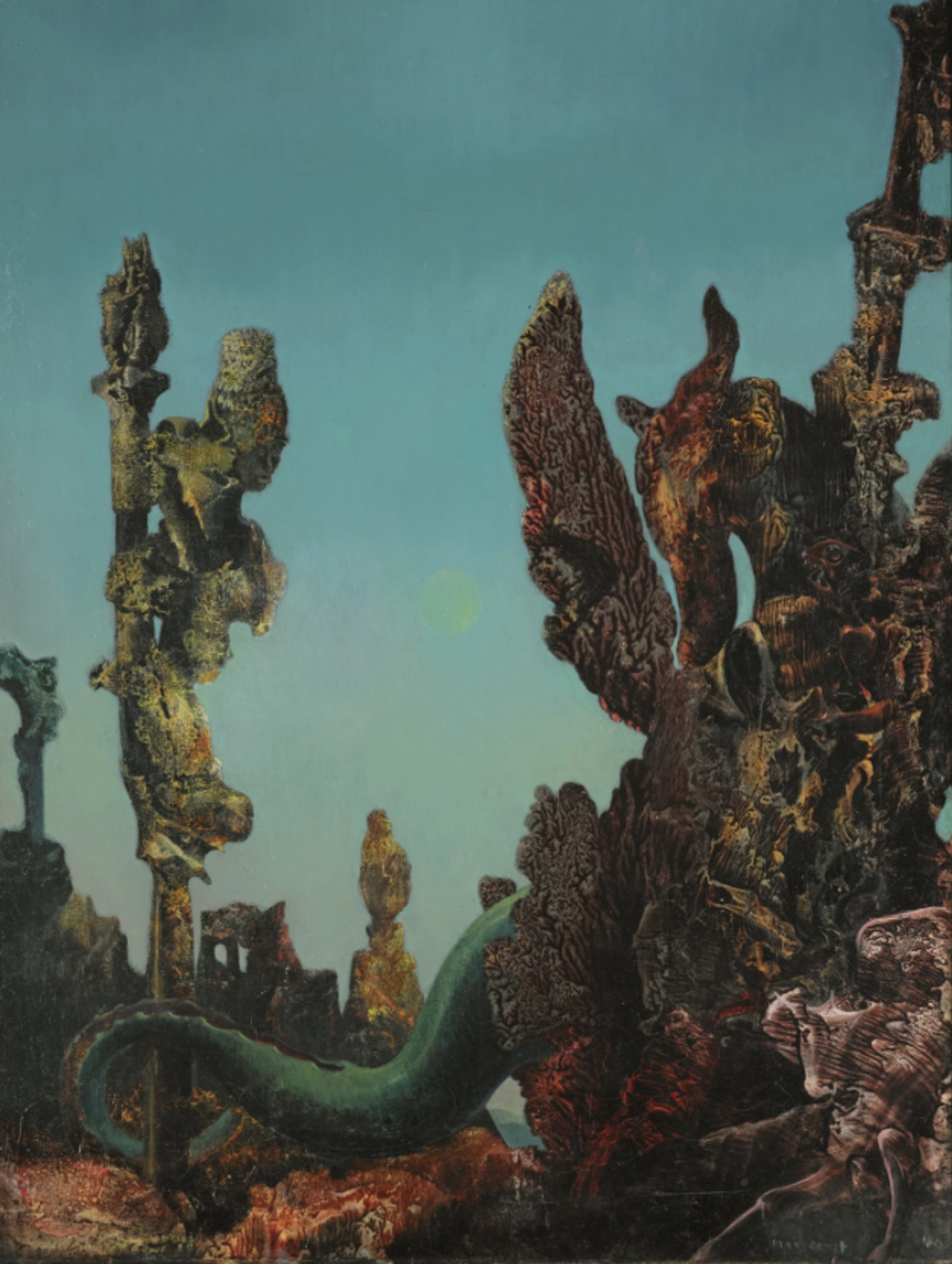 A surreal landscape with organic, textured forms resembling coral or rock formations set against a vibrant turquoise sky. A green, serpent-like shape winds through the composition, while shadowy, abstract figures and shapes emerge in the foreground and background.