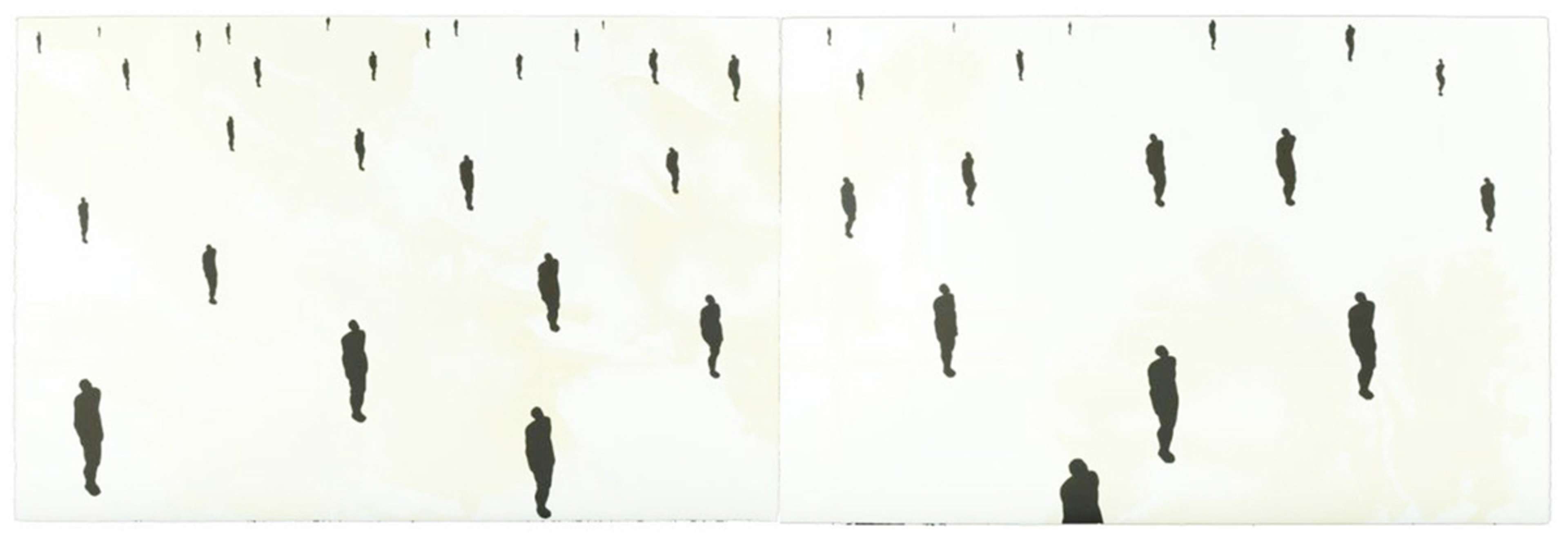 An image of the print History by Antony Gormley: a group of human silhouettes, spaced out, drawn in black against a white background.