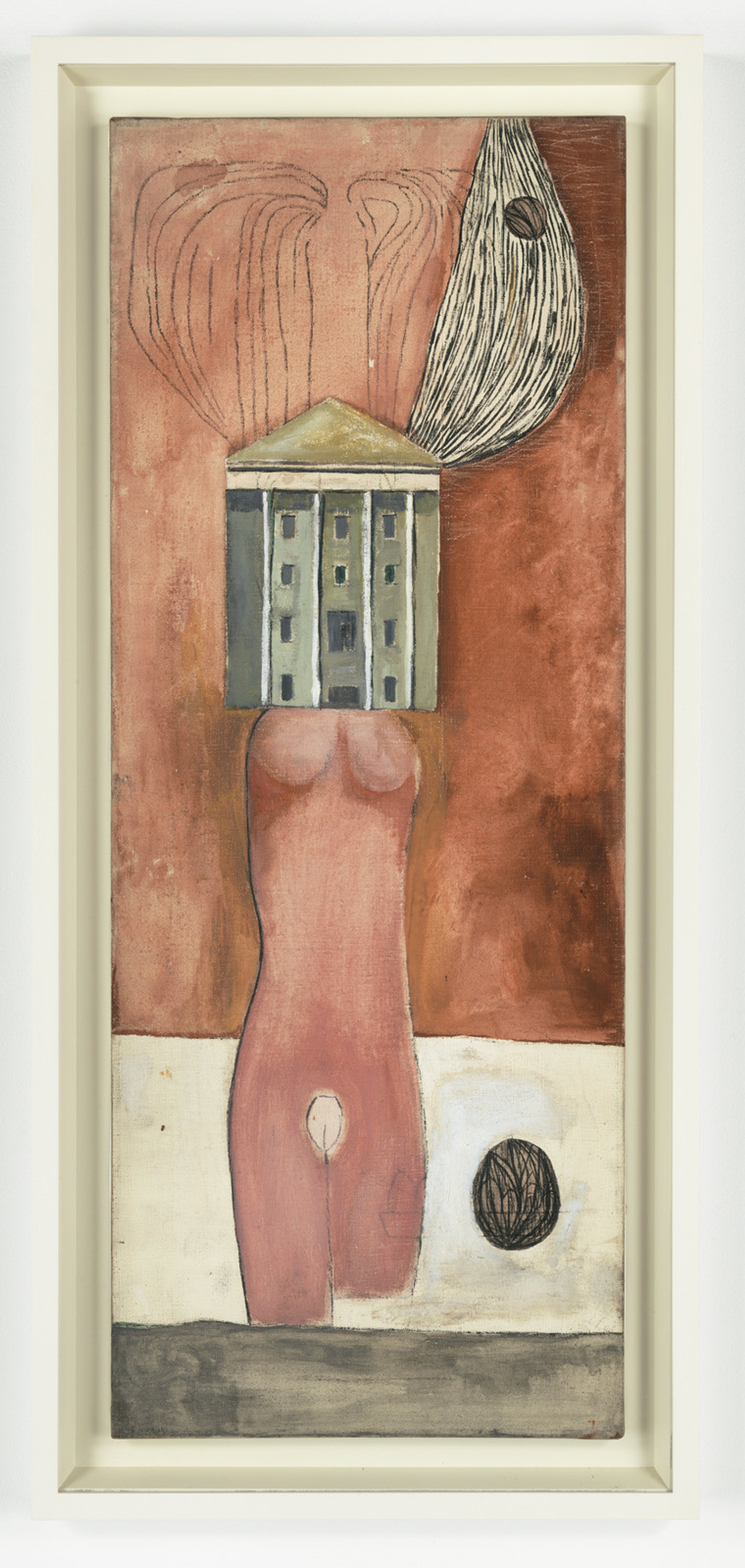A print of artist Louise Bourgeois’ Femme Maison. A woman’s figure interrupted by a house covering from the bust to thee face in front of a muted red background.