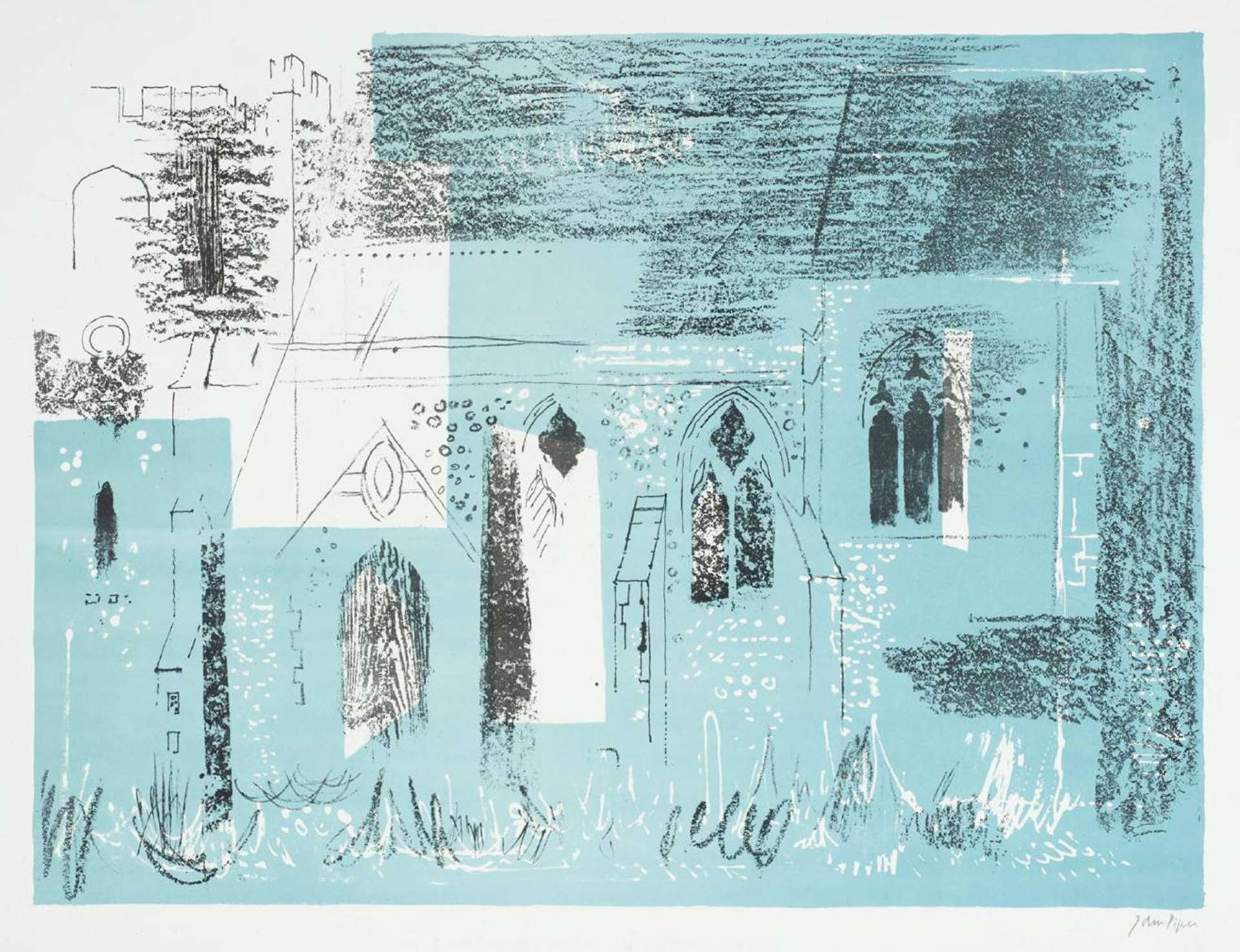 Lewknor, Oxfordshire: Textured Walls, Traceried Windows - Signed Print by John Piper 1964 - MyArtBroker
