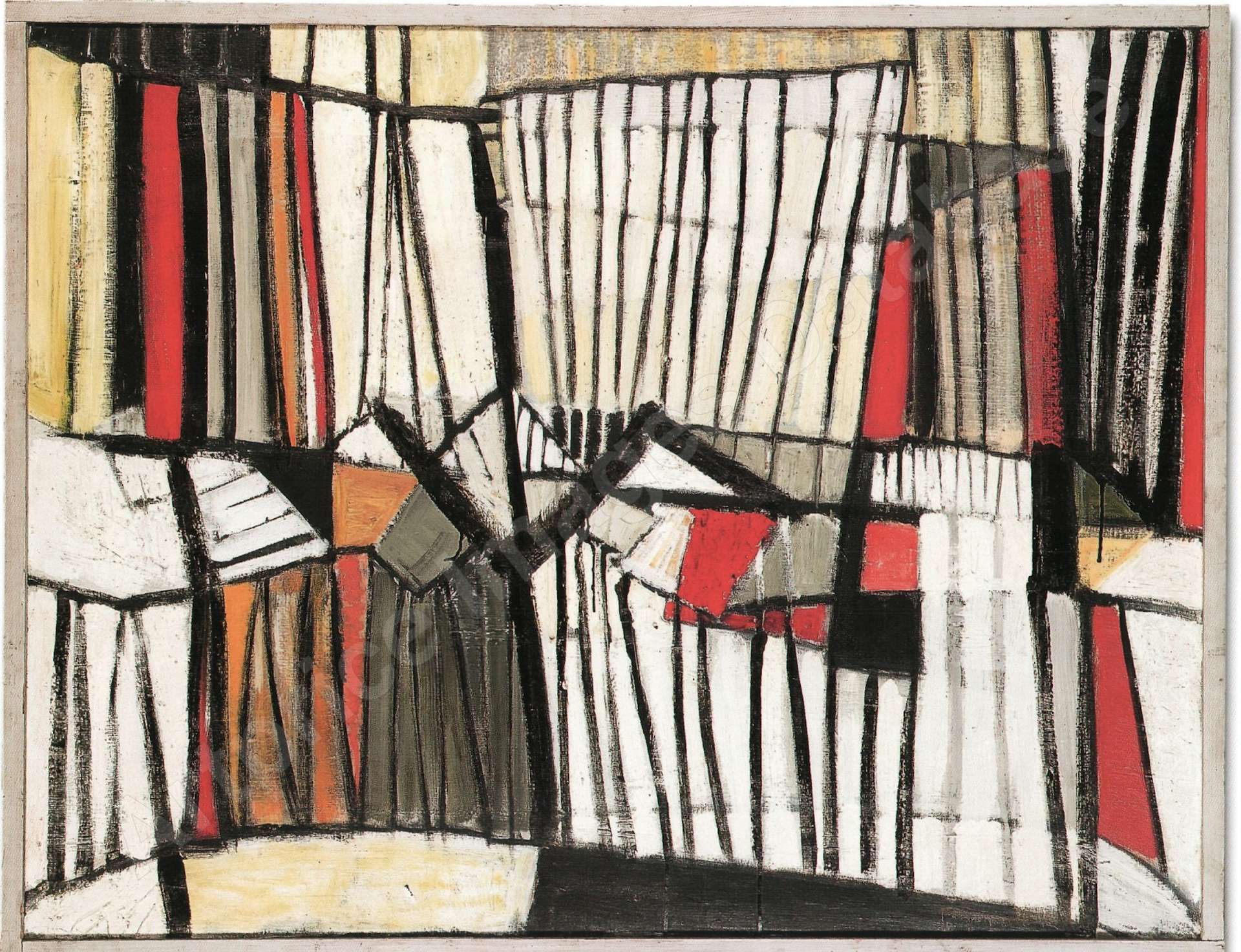  An abstracted canvas featuring vertical lines in repeating shades of beige, red, black, and white. The centre of the canvas is intersected by a geometric zigzag pattern in various colours.