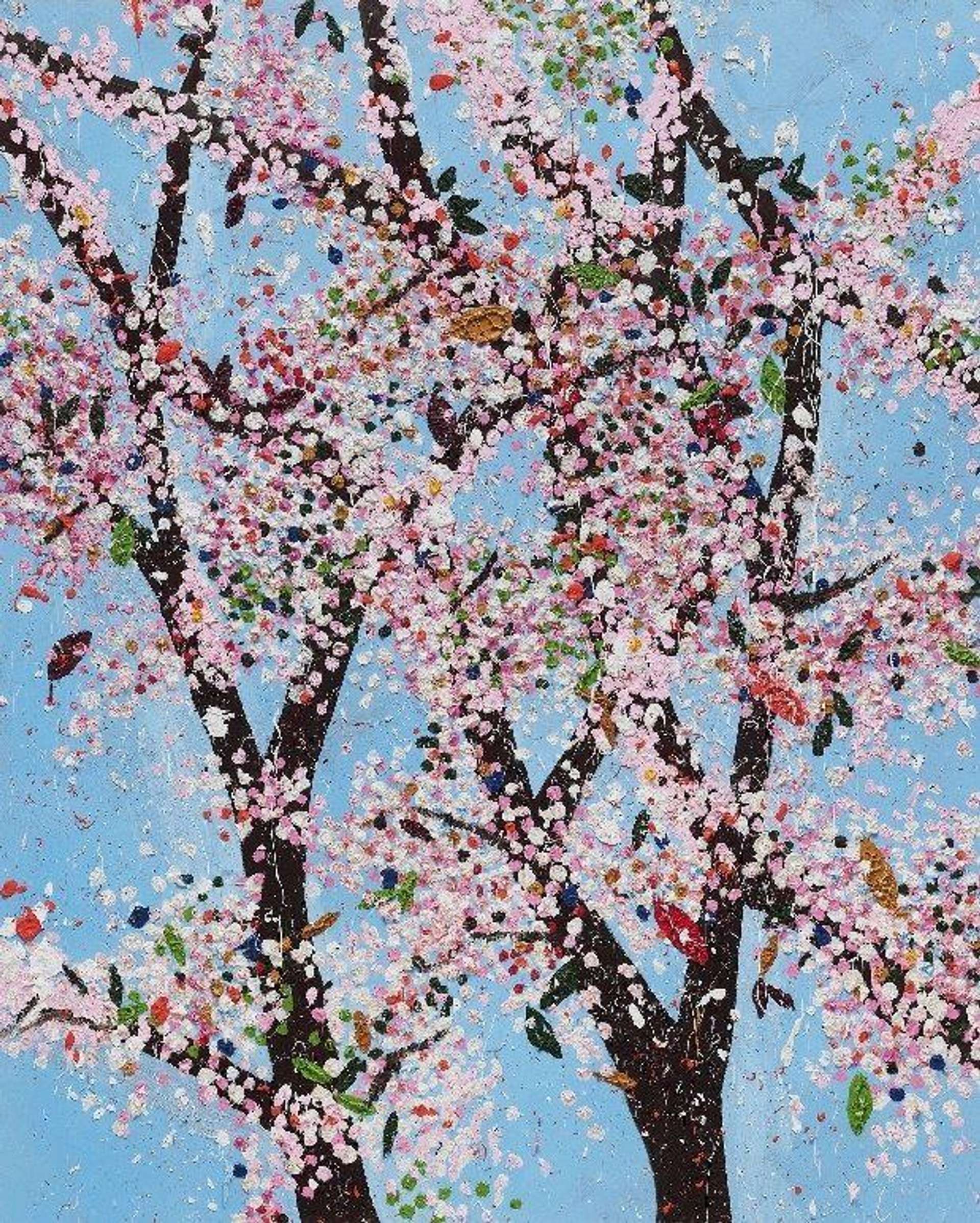 An image of the work H9-6 Honour by Damien Hirst. It shows two cherry blossom trees, depicted through bright colourful dots, against a blue sky.