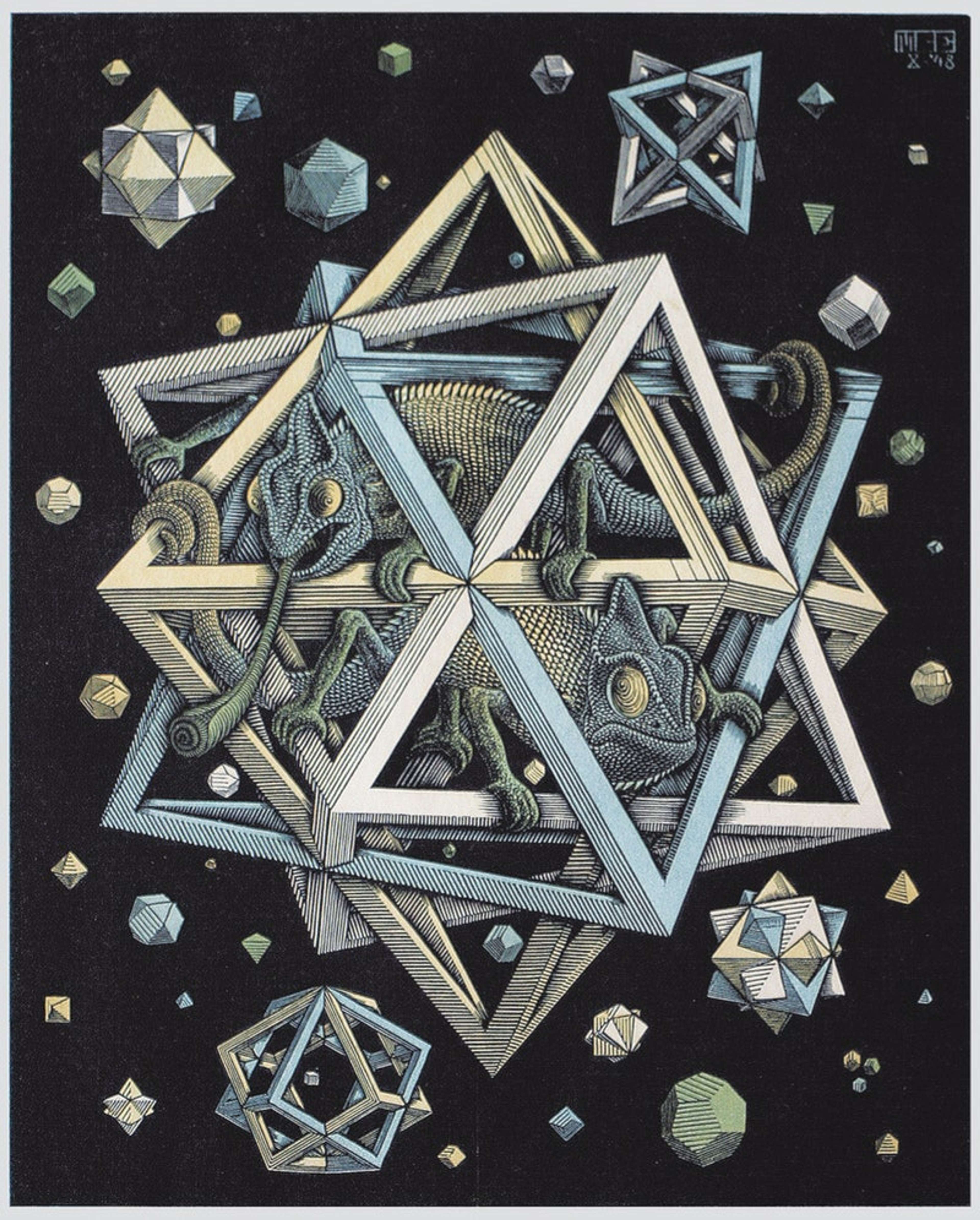A black and white lithograph print titled "Stars" by M.C. Escher. The artwork features a repeating pattern of interlocking stars forming a geometric design, with two chameleons inside.