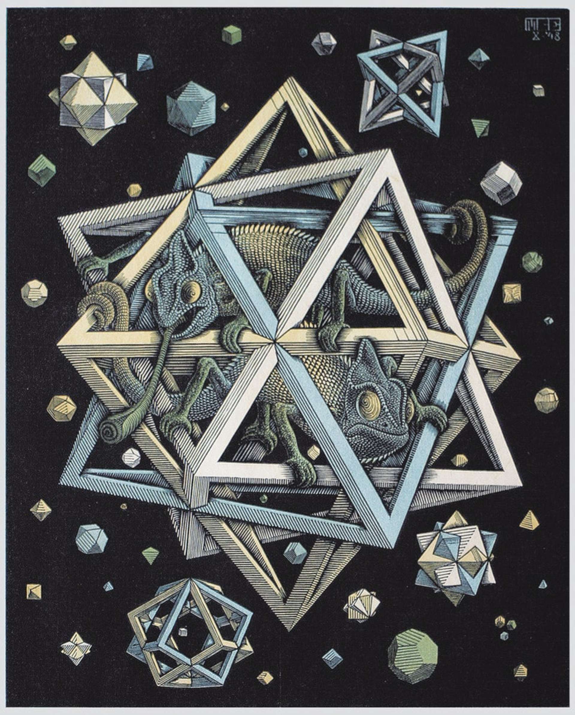 A black and white lithograph print titled "Stars" by M.C. Escher. The artwork features a repeating pattern of interlocking stars forming a geometric design, with two chameleons inside.
