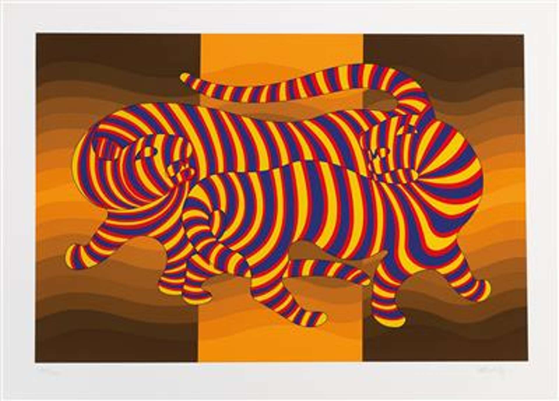 Two Tigers (orange) by Víctor Vasarely (1980). The artwork features two tigers in the centre of the composition, intertwined, on a background comprising three vertical stripes in black and orange.