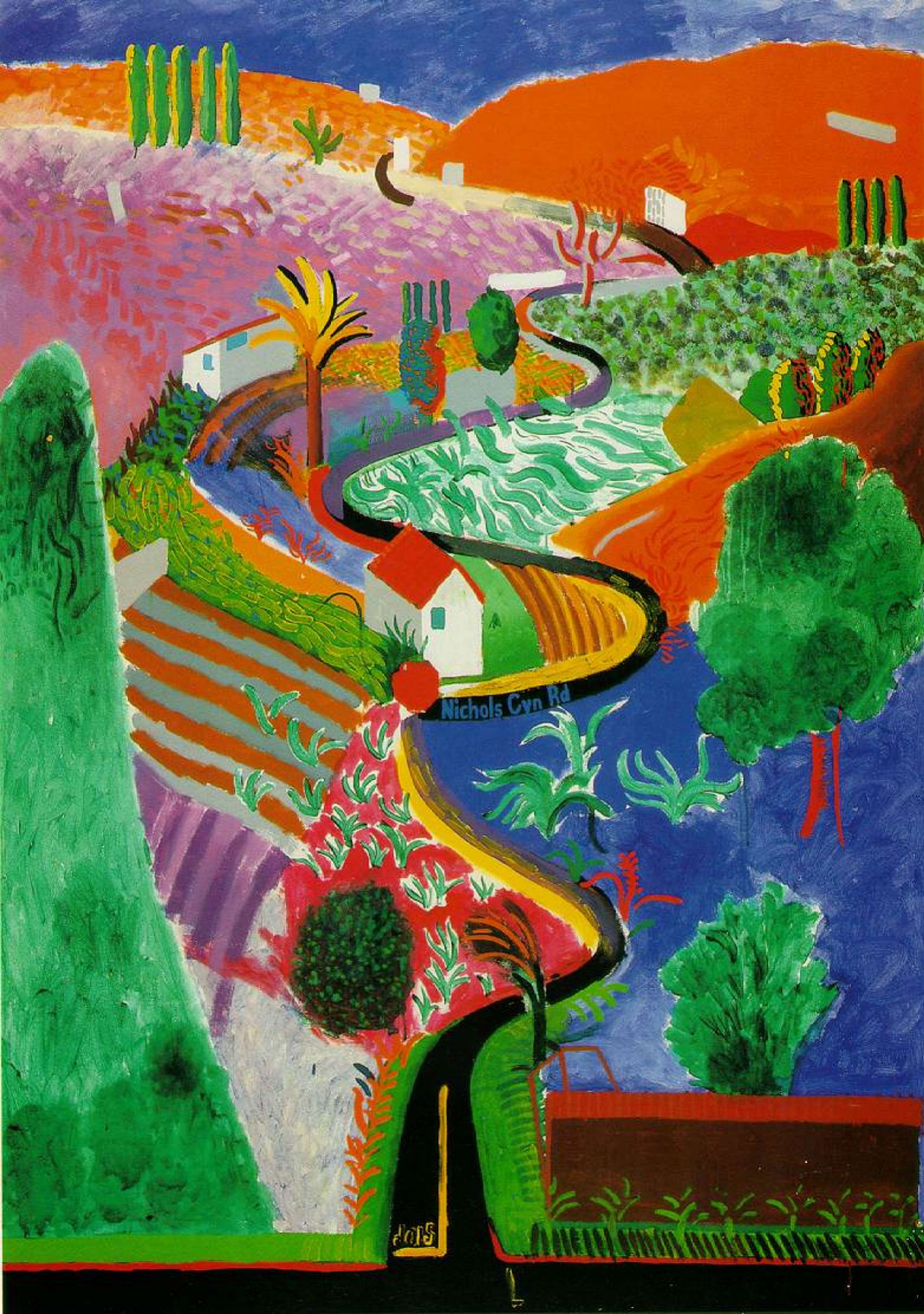 David Hockney’s Nichols Canyon. An acrylic painting of a Los Angeles landscape with winding roads and colourful hills. 