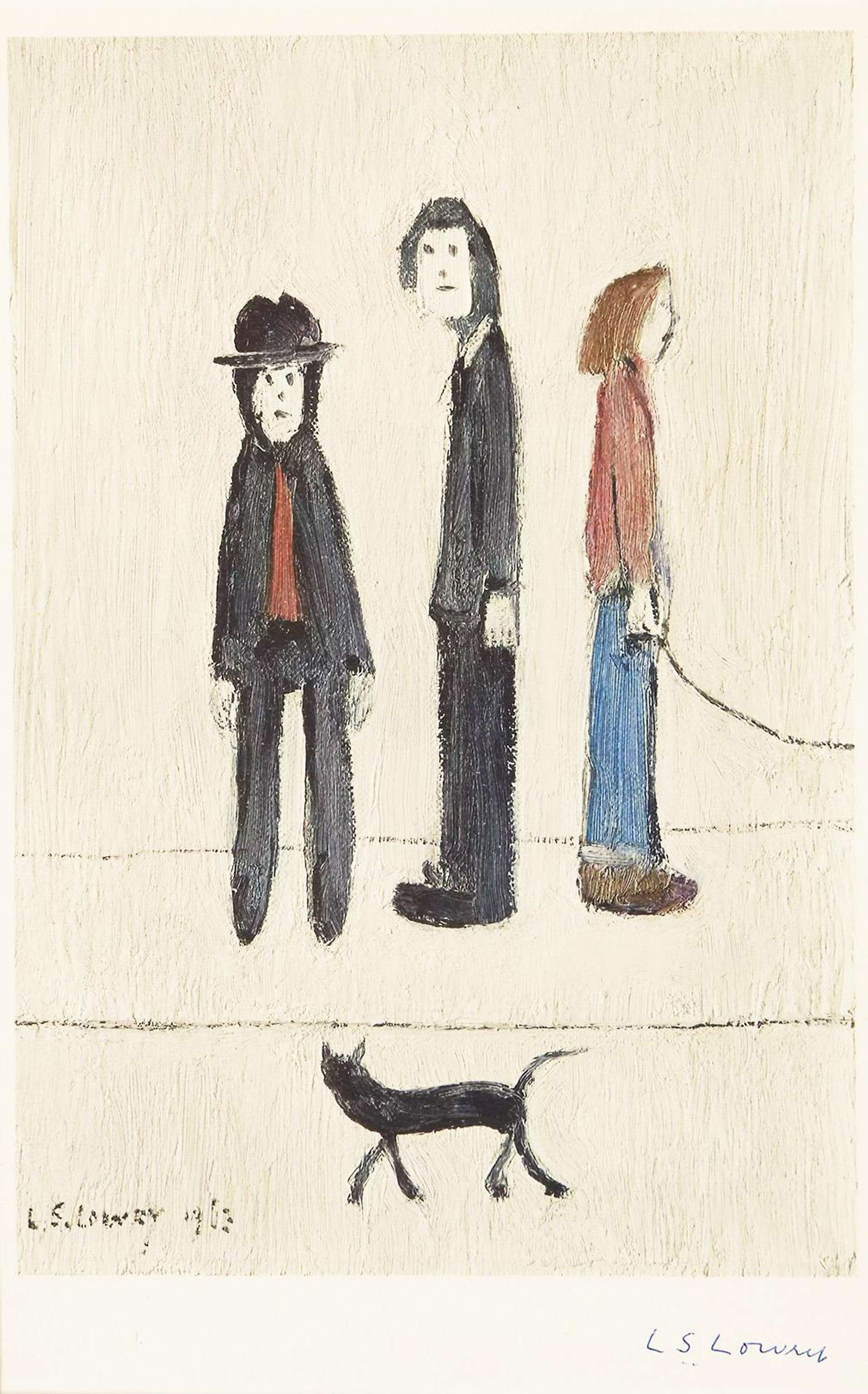 A depiction of three men, in a very simplified, "match-stick" style. Two of them gaze towards the viewer, while one is in a side profile. A black cat is in the foregorund.