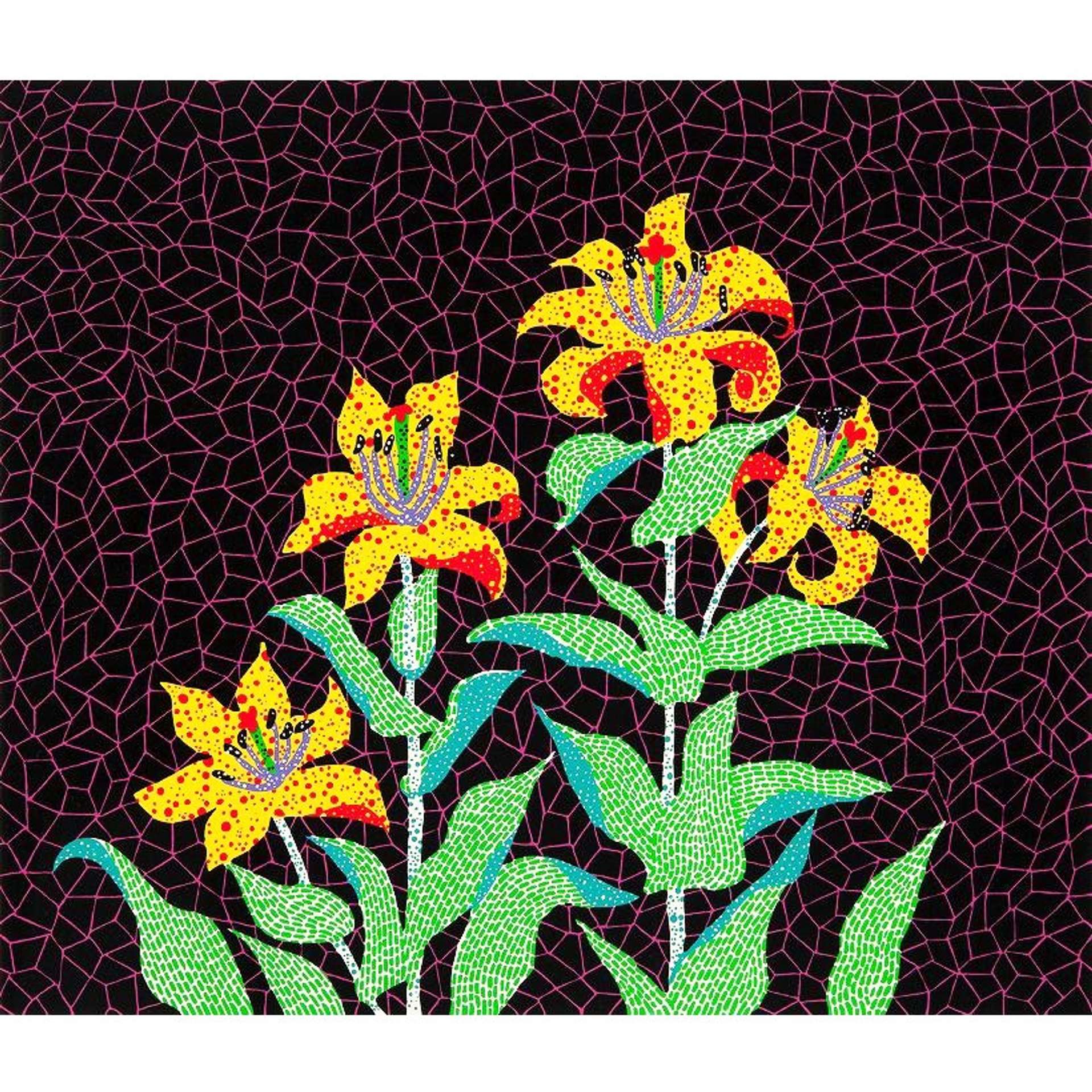 Yayoi Kusama’s Flowers, Kusama 83. A screenprint of four flowers made up of patterns of green, red, and yellow against a pink and black geometric background. 