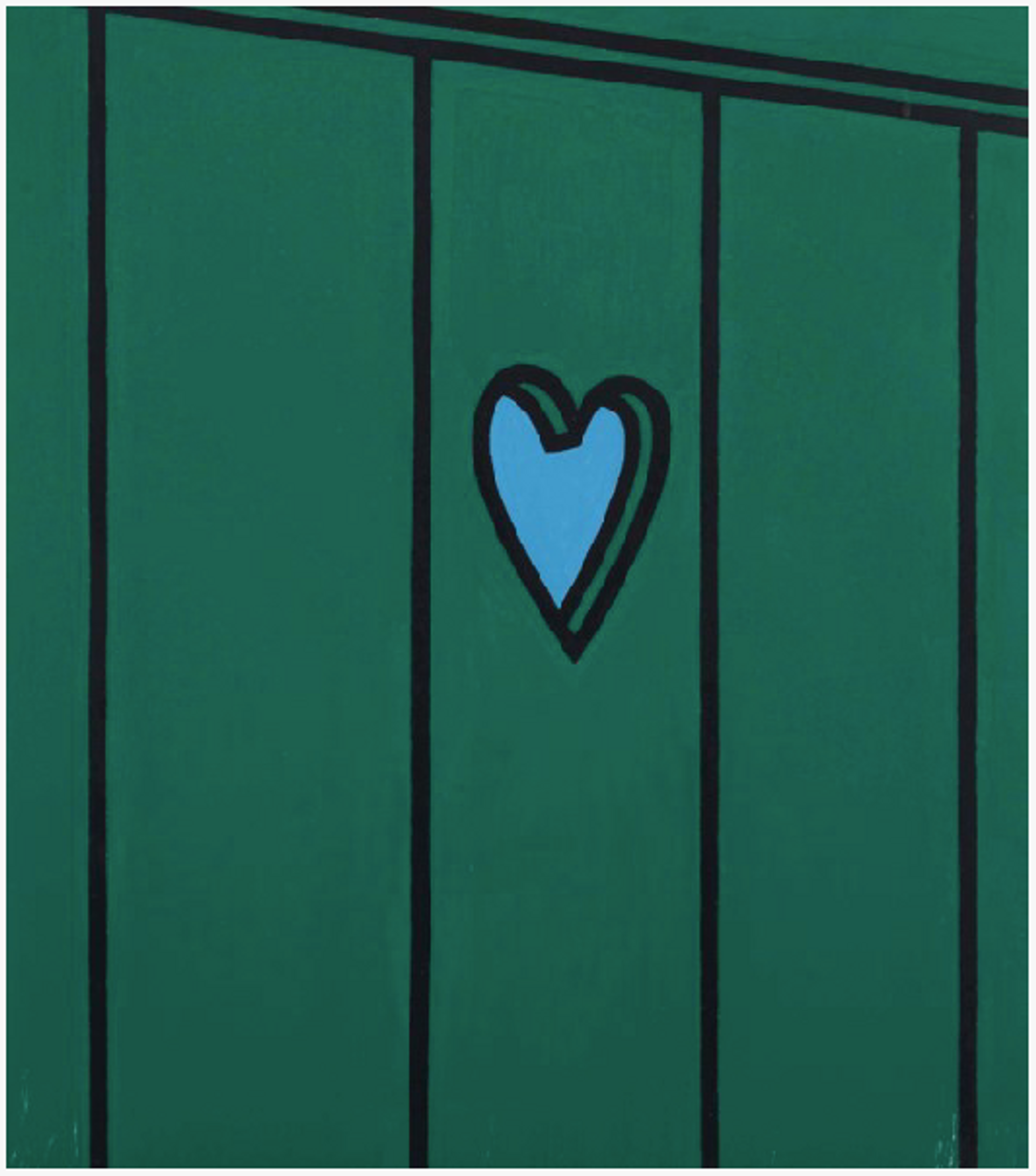 Cropped image of a dark green wooden fence with bold black vertical lines defining individual panels. A small heart-shaped cut-out in the center panel reveals a light blue background.