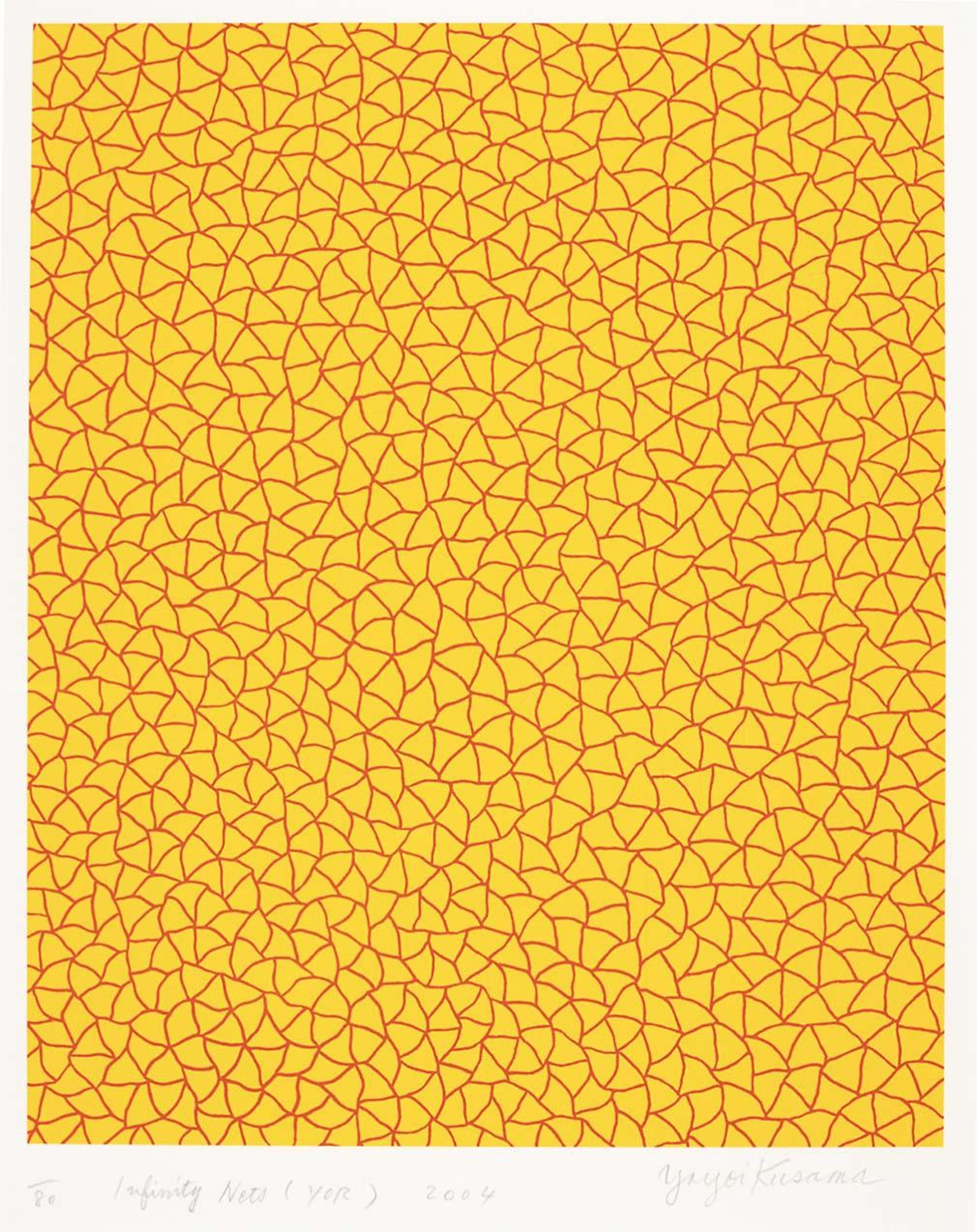 Yayomi Kusama's Infinity Nets (YOR). A screenprint of a continuous, red triangular patten over a yellow background. 