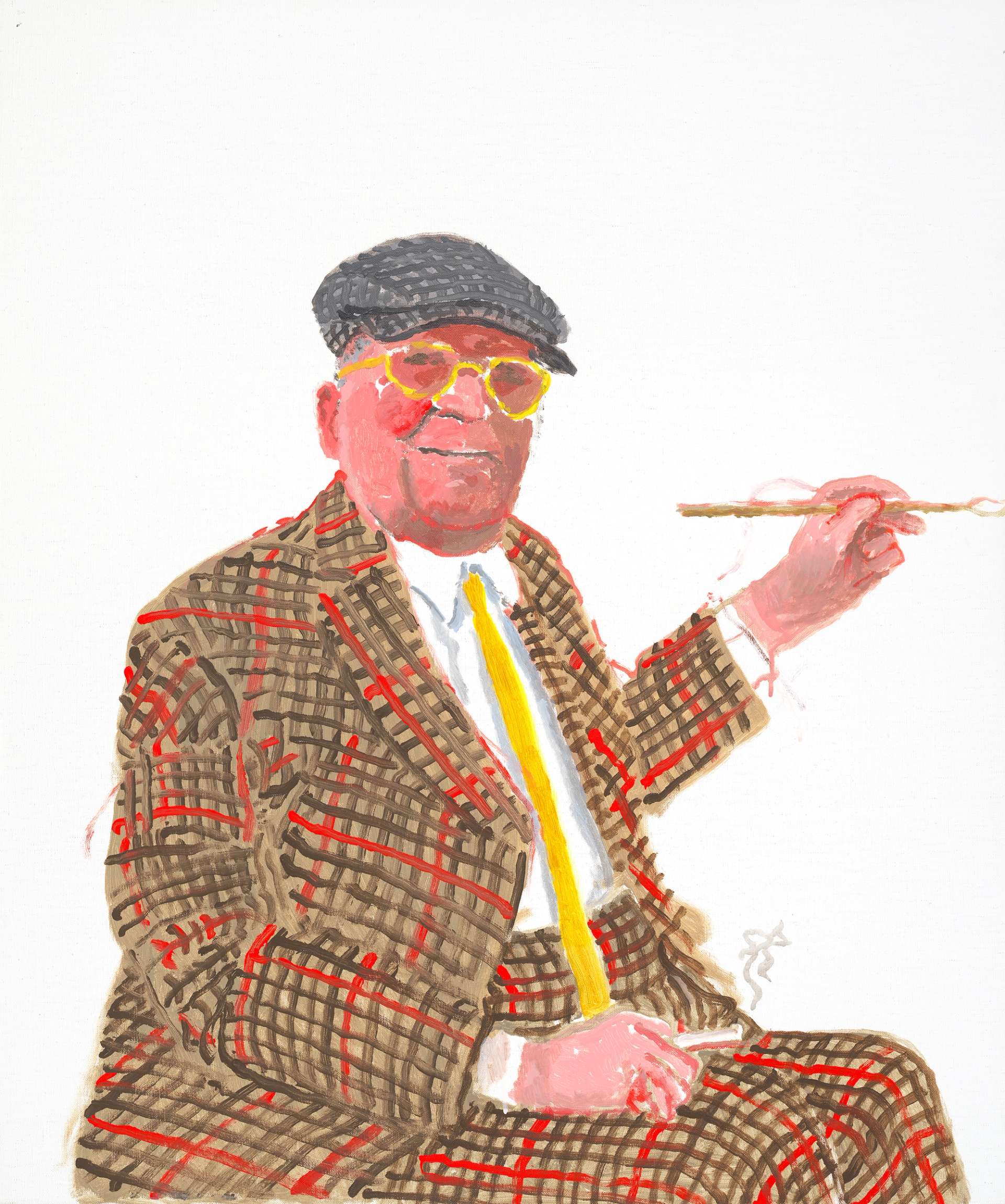 A self portrait by David Hockney executed with acrylic paint on canvas, depicting the artist against a plain white background wearing a brown and red checked suit, a yellow tie and glasses, holding a paint brush which reaches to the right-hand side of the composition.