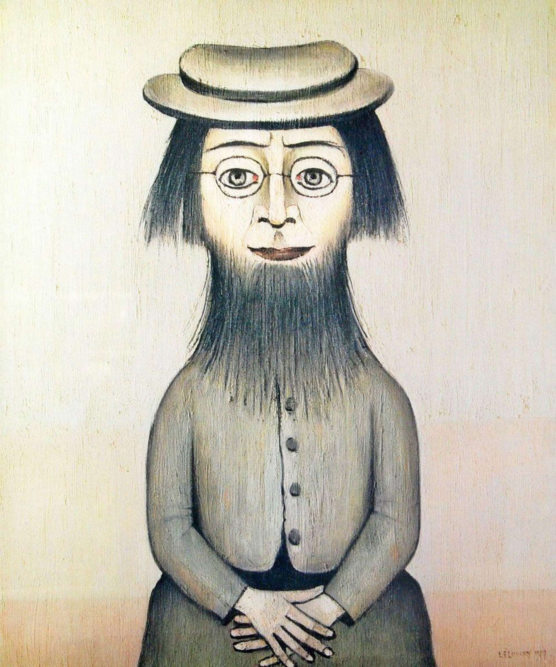 L.S. Lowry’s Woman With Beard.  A screenprint of a bearded woman with glasses and a hat, seated wearing a buttoned sweater with her hands folded across her lap. 