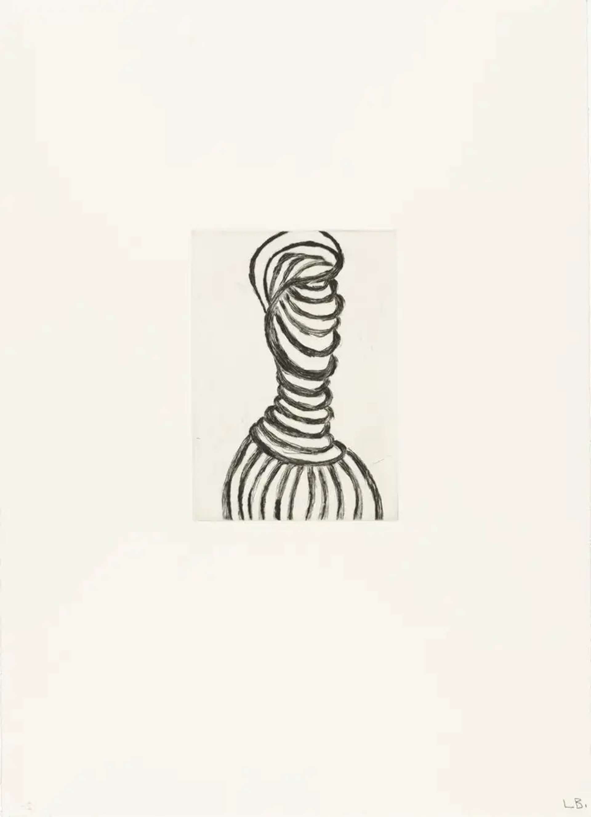 Louise Bourgeois Untitled No. 11. A monochromatic etching of an anatomical depiction of black swirls in a vertical pattern.