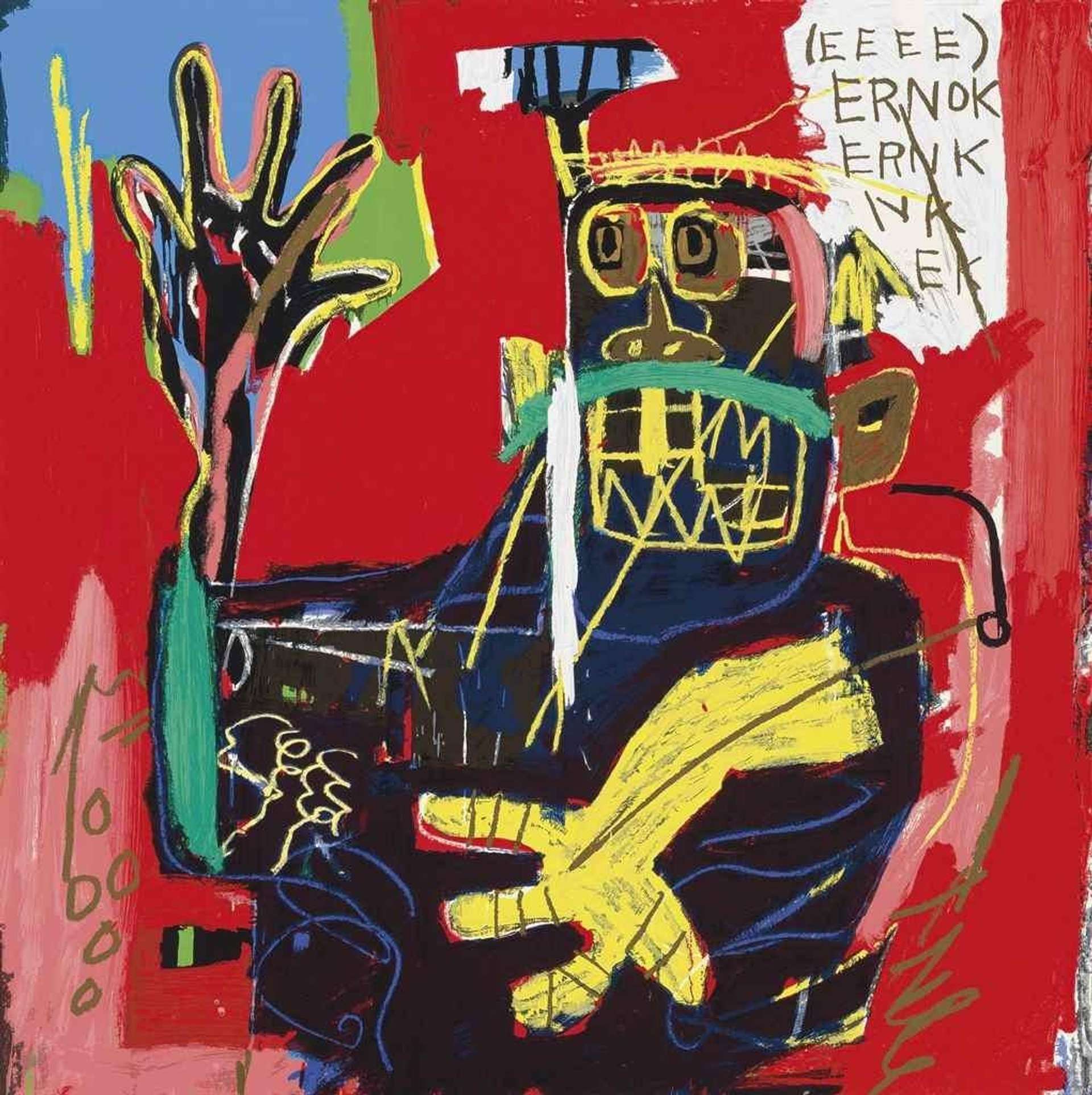 A mixed-media artwork titled "Ernok" by Jean-Michel Basquiat, featuring a central figure surrounded by a collage of text, symbols, and abstract shapes in red, yellows and blues.