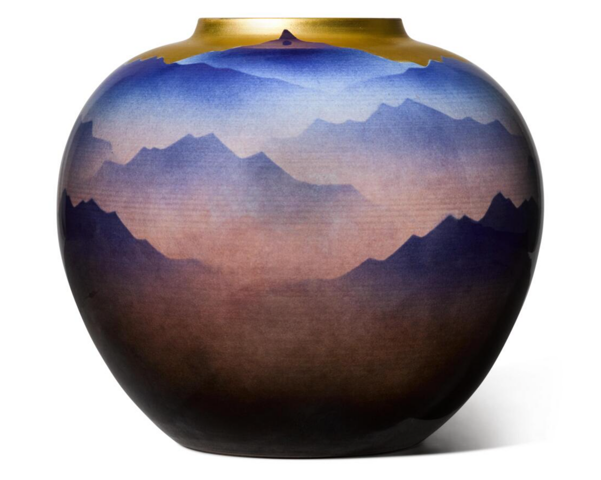Round-shaped vase, decorated in various shades of blue and purple, showing mountains in mist. The shoulder is applied with gold depicting a sunrise.