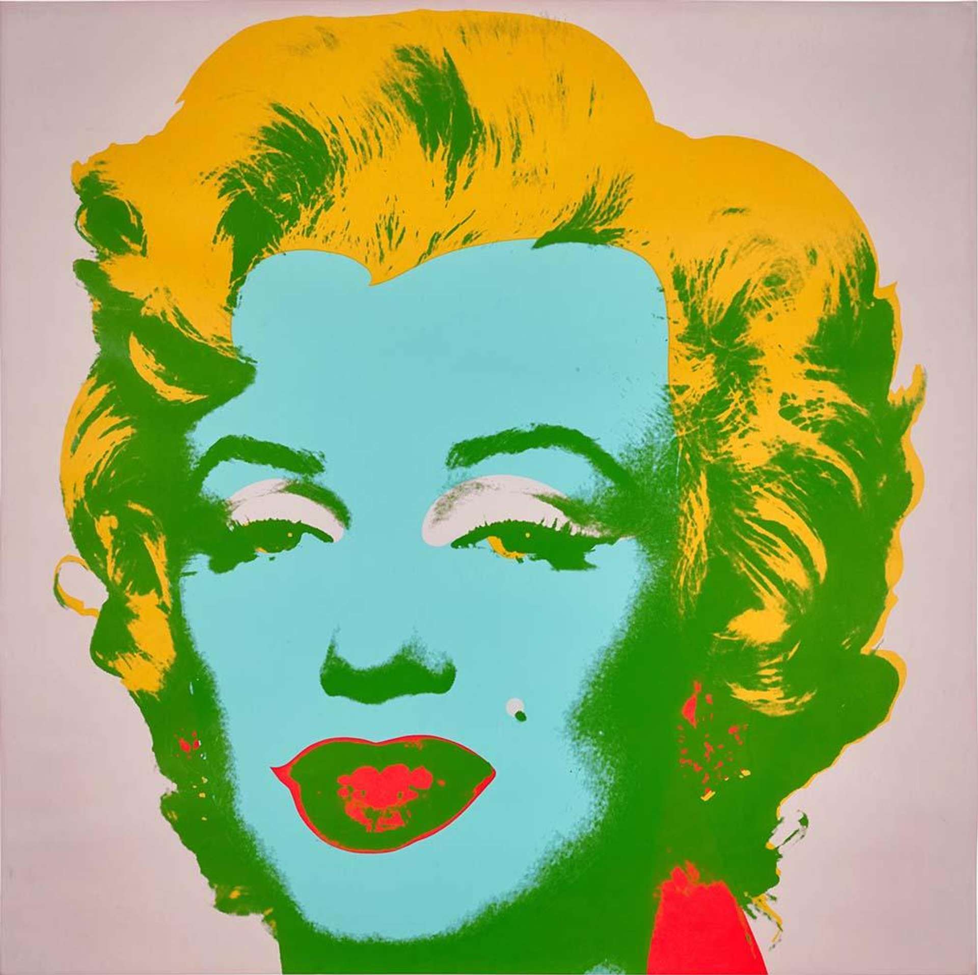 A screenprint by Andy Warhol depicting the portrait of Marilyn Monroe in teal, yellow and red against a light pink background