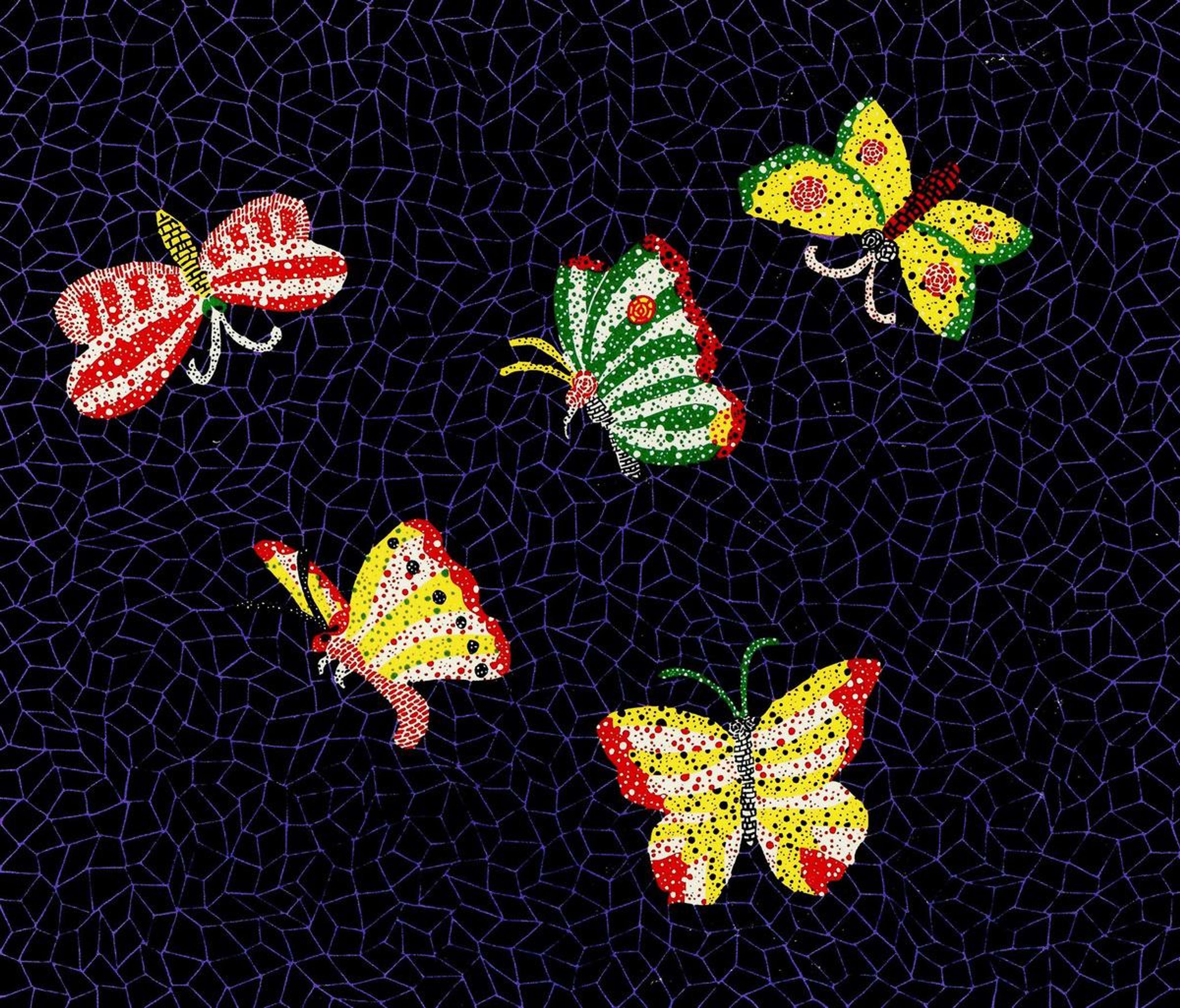 An image of a print Butterfly by Yayoi Kusama. The butterflies are rendered in polka-dots against a mosaic-like navy background.