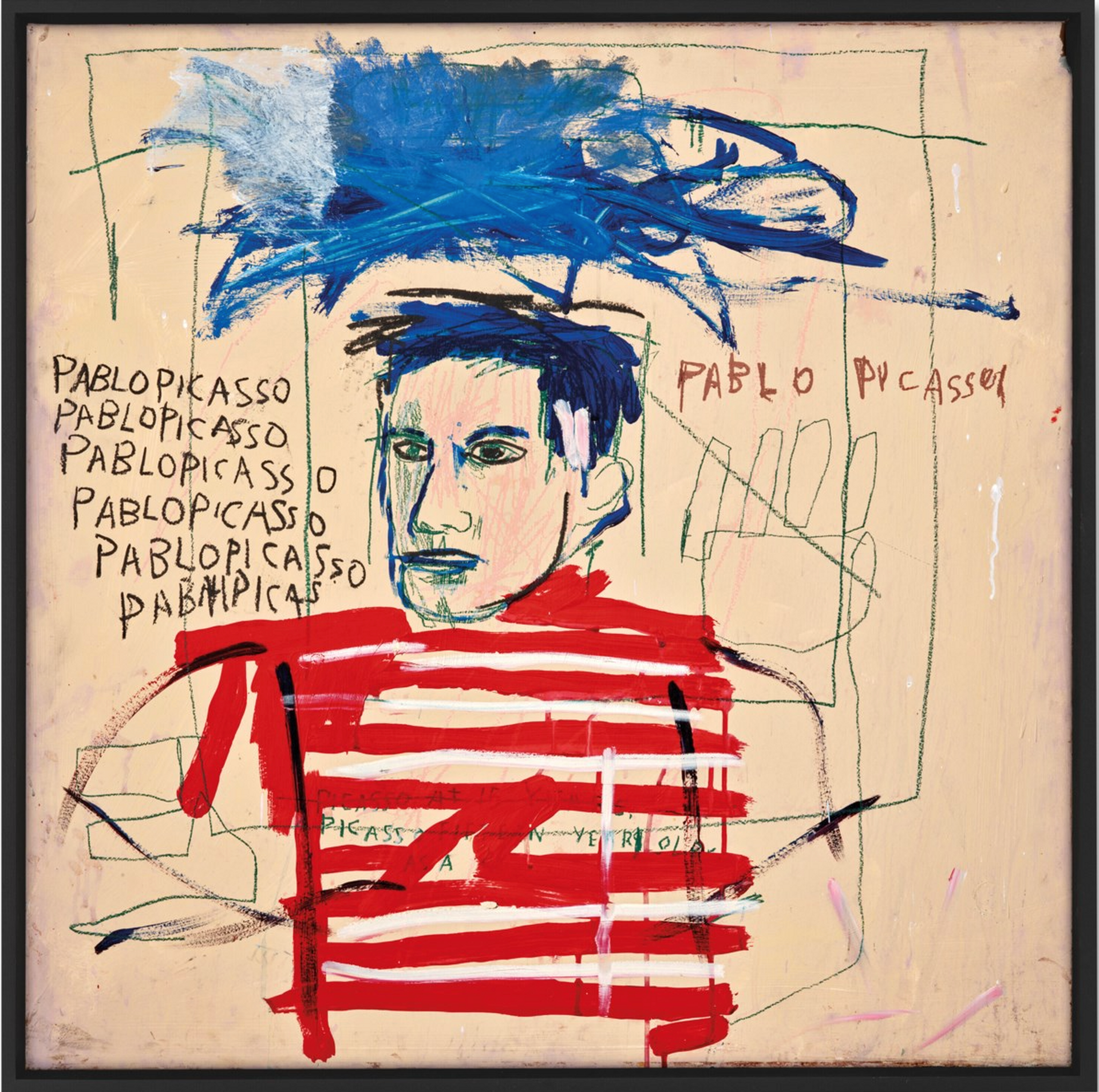 An image of a portrait of Pablo Picasso by Jean-Michel Basquiat. It shows Picasso wearing a red breton-striped shirt, with blue hair. A blue cloud floats above his head. The name “Pablo Picasso” is written repeatedly all over the painting.