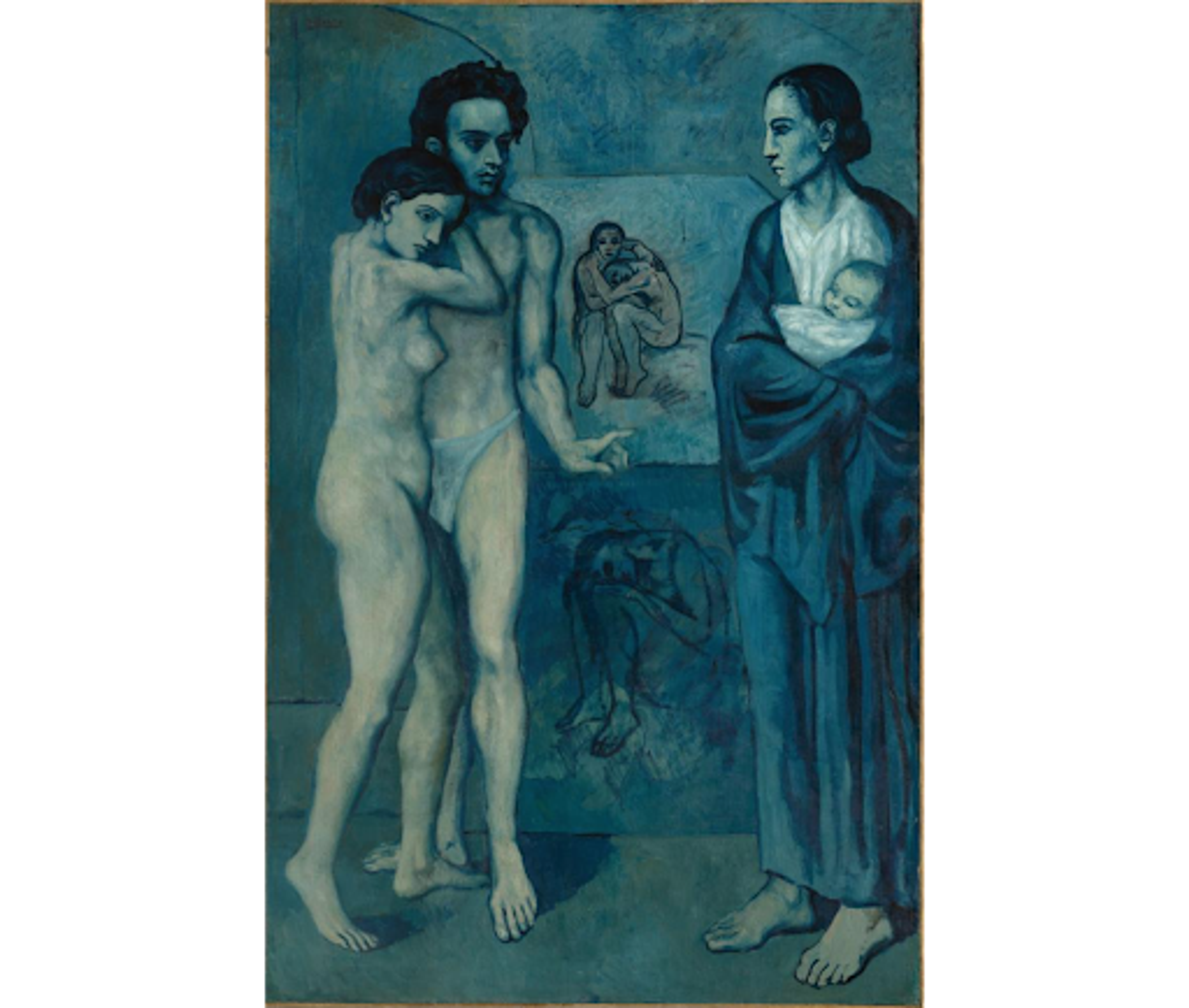 Pablo Picasso's La Vie. A Blue Period painting of an unclothed couple on the left and a woman holding a baby on the right with two artworks in the background. 