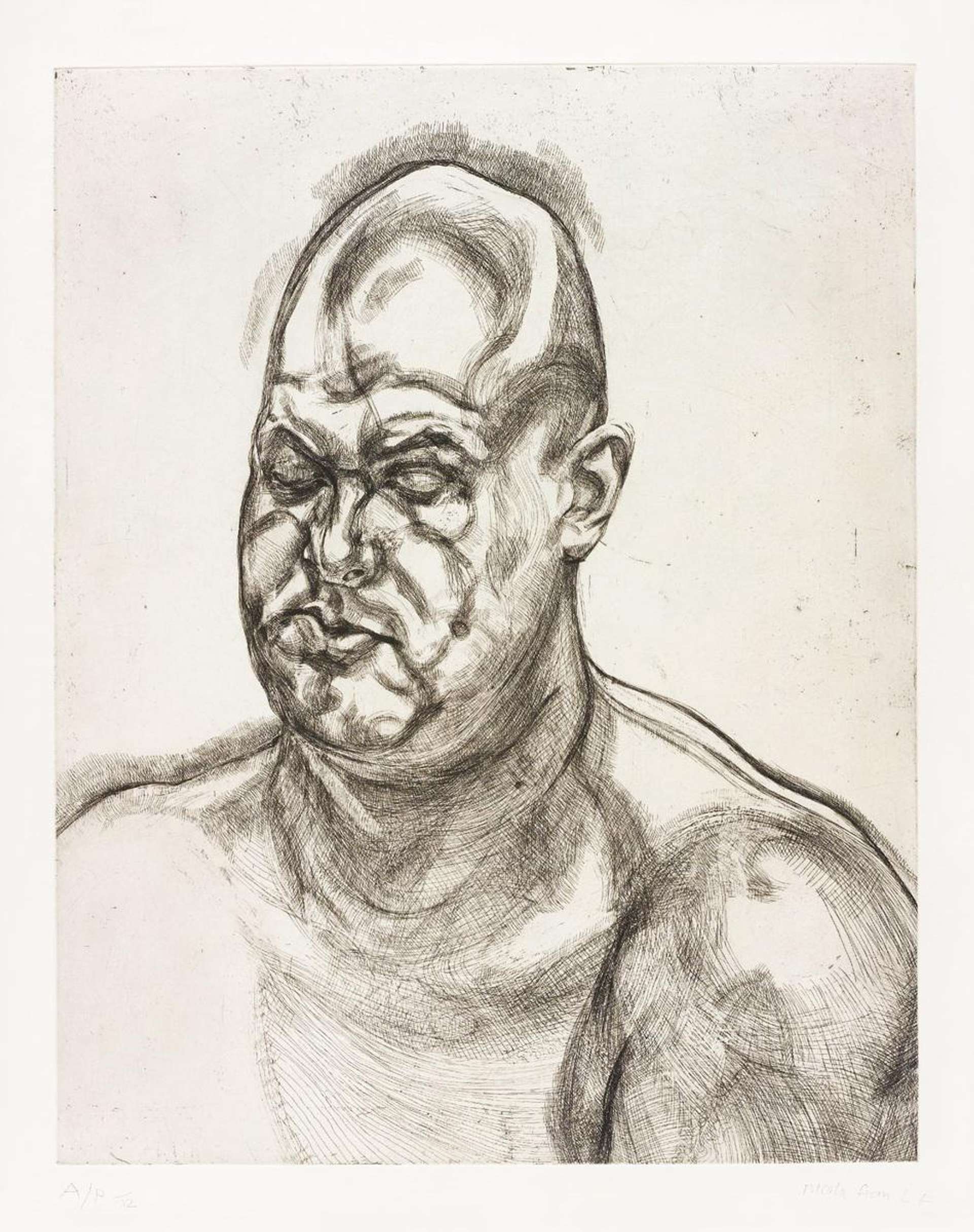 An image of the print Large Head by Lucian Freud. It shows a bald shirtless man, modelled after Leigh Bowery. The work is done in monochrome.