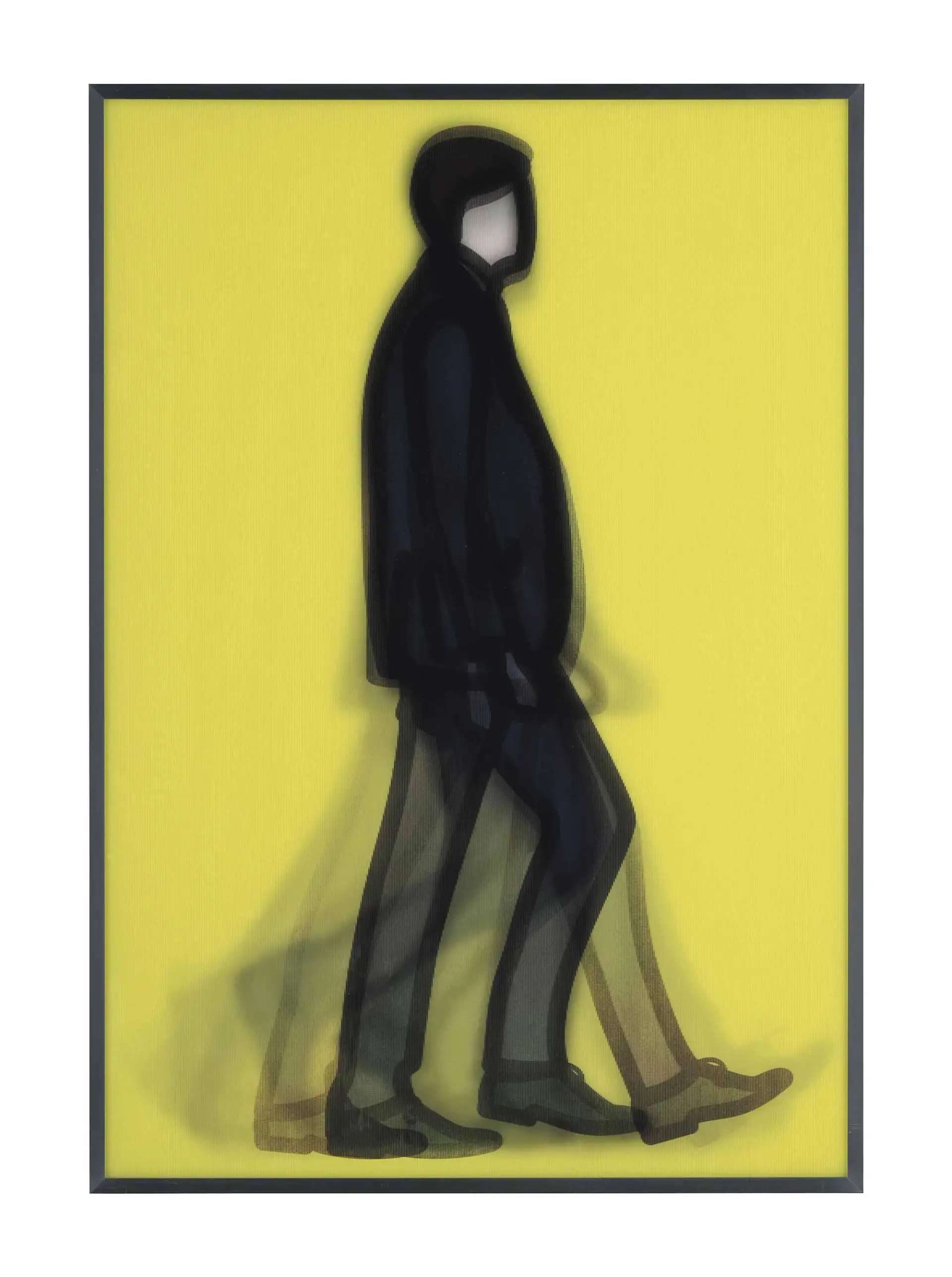 This digital print shows a man in a black suit set against a bright yellow backdrop. The man is depicted from side-on and Opie duplicates the figure’s legs and blurs them which produces an illusion of movement, making it seem as if the man is walking across the composition.