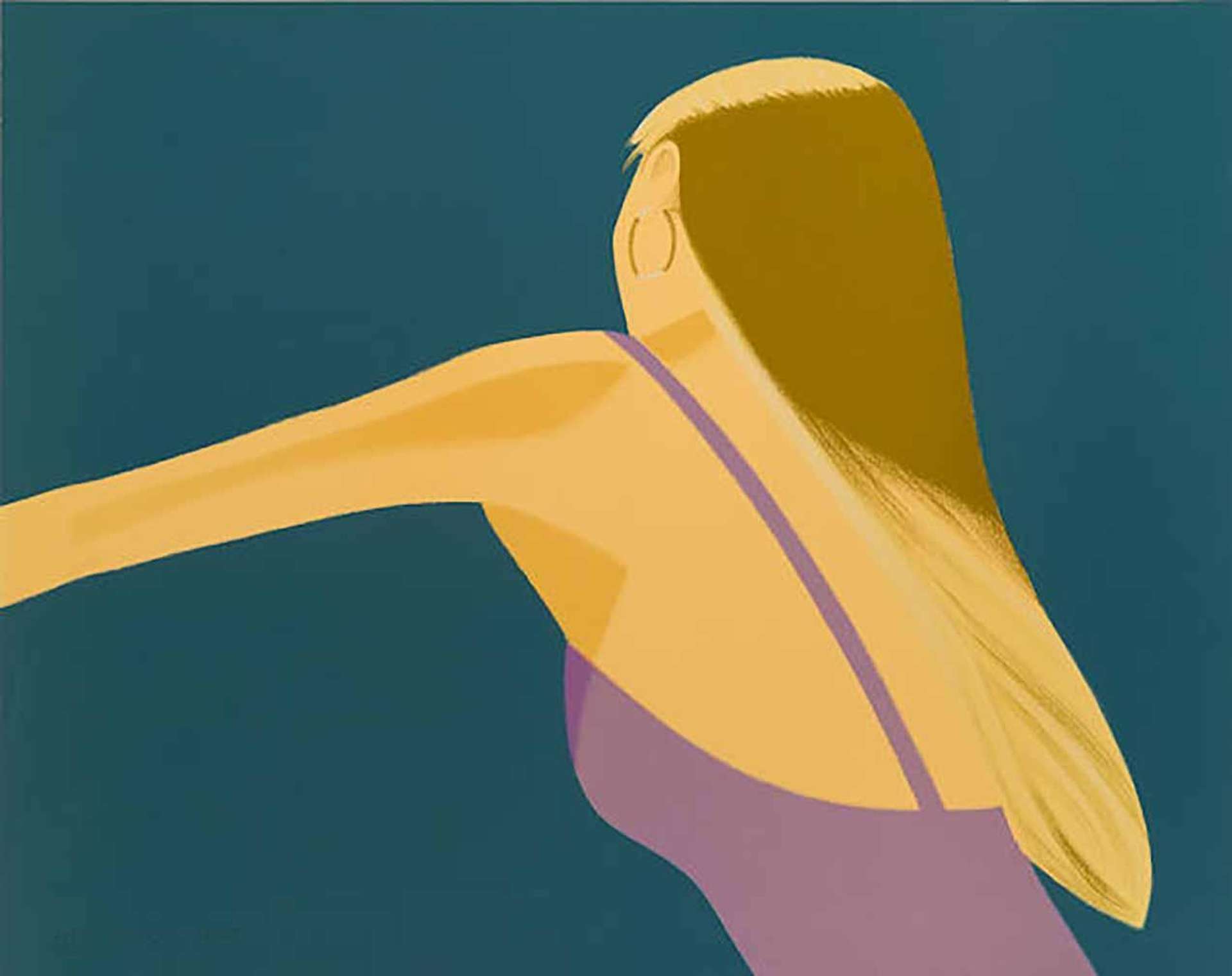 Alex Katz’s Night: William Dunas Dance IV. A lithograph of a woman with blonde hair in a purple dress’s back profile against a teal background.