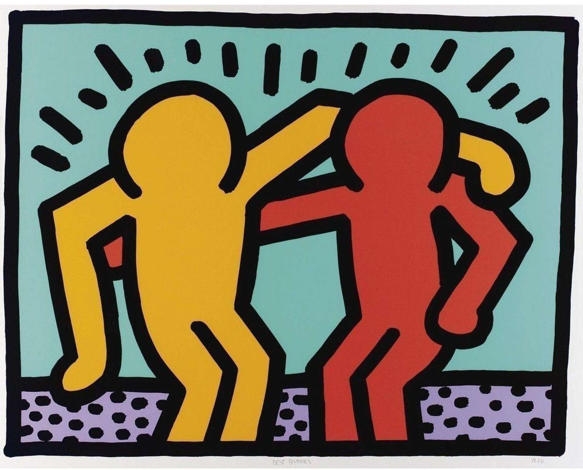A screenprint by Keith Haring depicting two cartoonish figures, one in yellow and the other in red, embracing each other against a teal blue background with graphic black outlines.