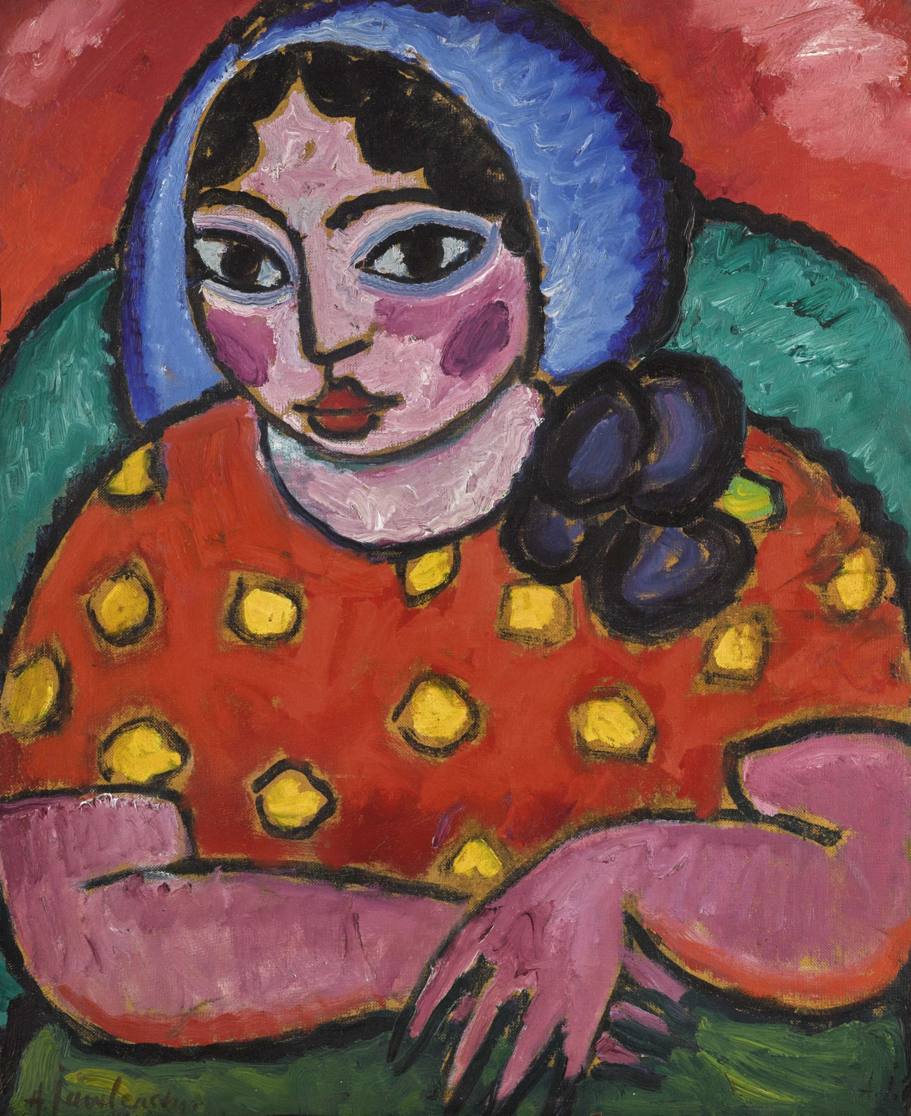 A woman in a light blue cap, her face sculpted with pink impasto and purple rosy cheeks, framed by jagged, Van Gogh-inspired brushwork. She wears an orange top with yellow spots. She looks directly at the viewer, her hands crossed on her lap. Her features are simplified, with almond-shaped eyes, thick curves for eyebrows, and repetitive curves for her dark hair.