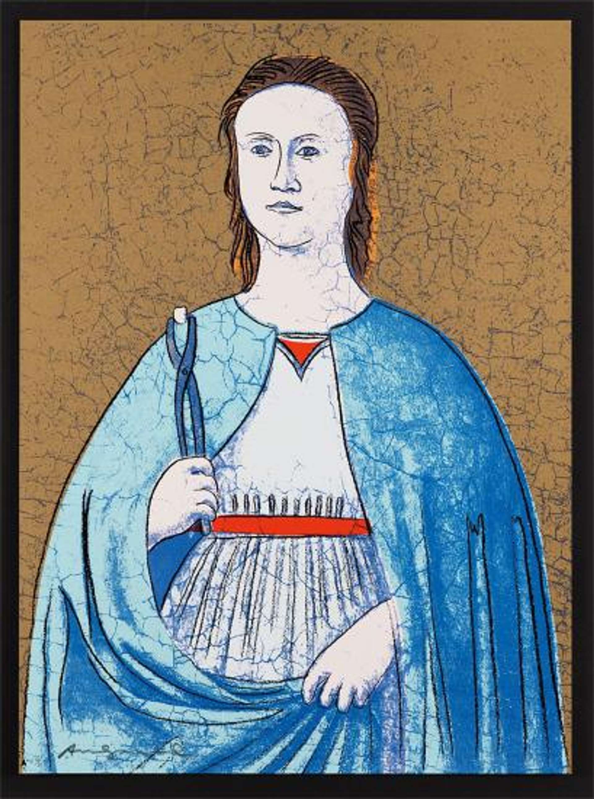 An image of Saint Apollonia by Andy Warhol, inspired by an artwork by Piero Della Francesca. The saint is shown in a blue mantle, holding a pair of tongs with a tooth on show.