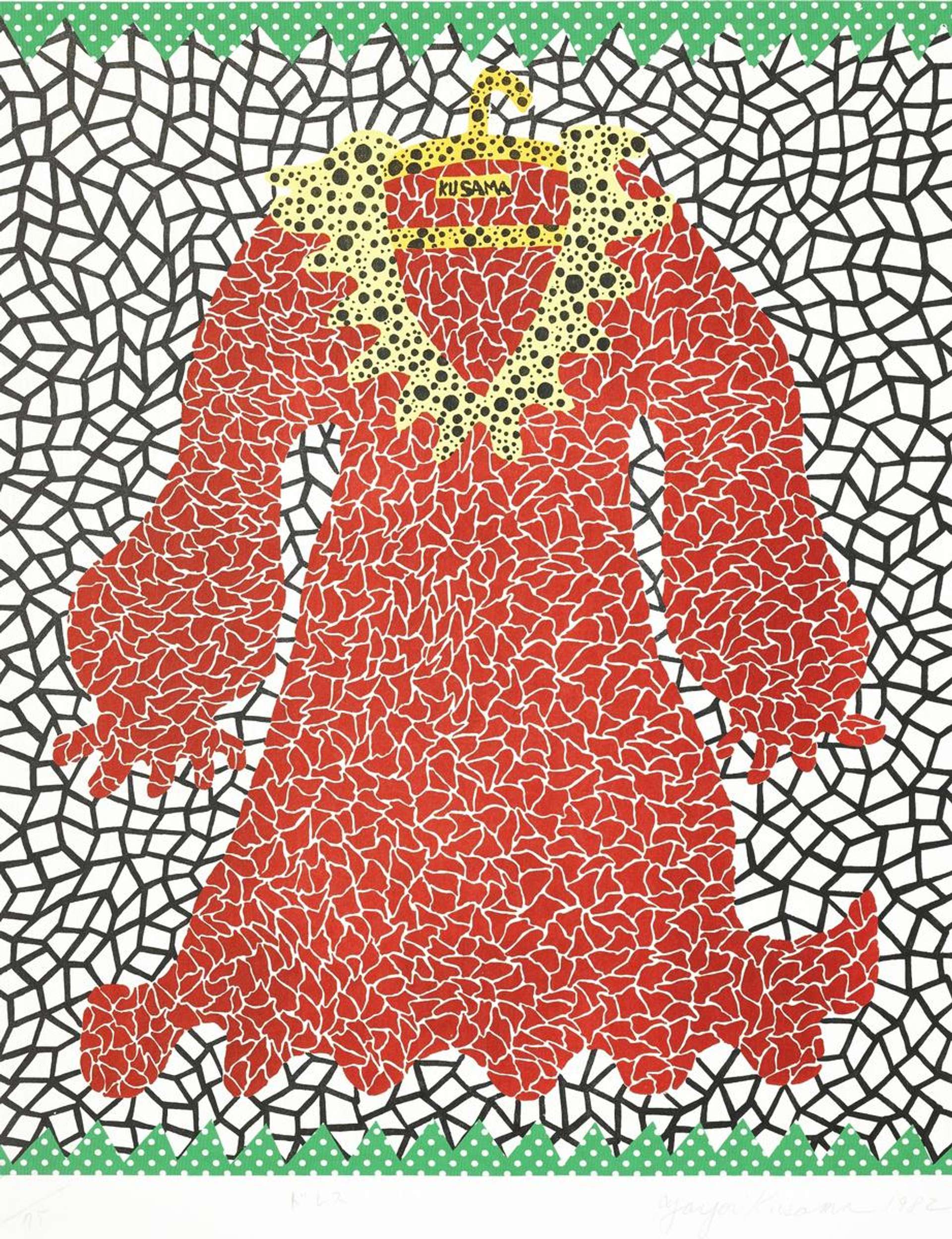 An image of a print by Yayoi Kusama, showing a dress rendered in mosaic-like style. The dress is orange and yellow against a black and white background. The dress tag reads "Kusama". The whole scene is framed by a green polka-dotted border.