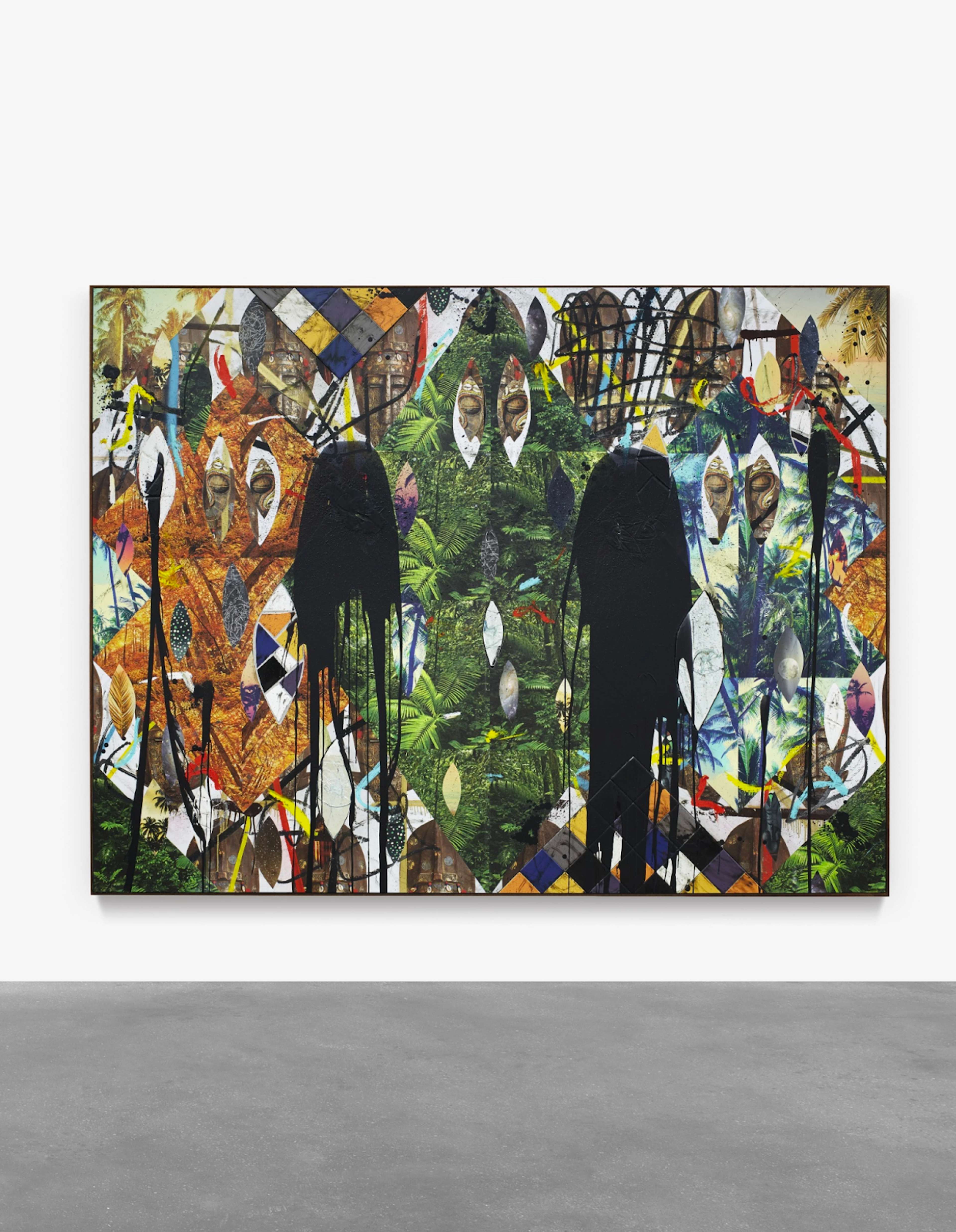 An artwork by Rashid Johnson featuring three prominent abstracted diamonds in orange, green, and white, set against a background of smaller rhombuses in various abstracted colors. The canvas incorporates images of plants, revealing parts of the white canvas underneath. In the center, two substantial splotches of black paint drip down over the composition.