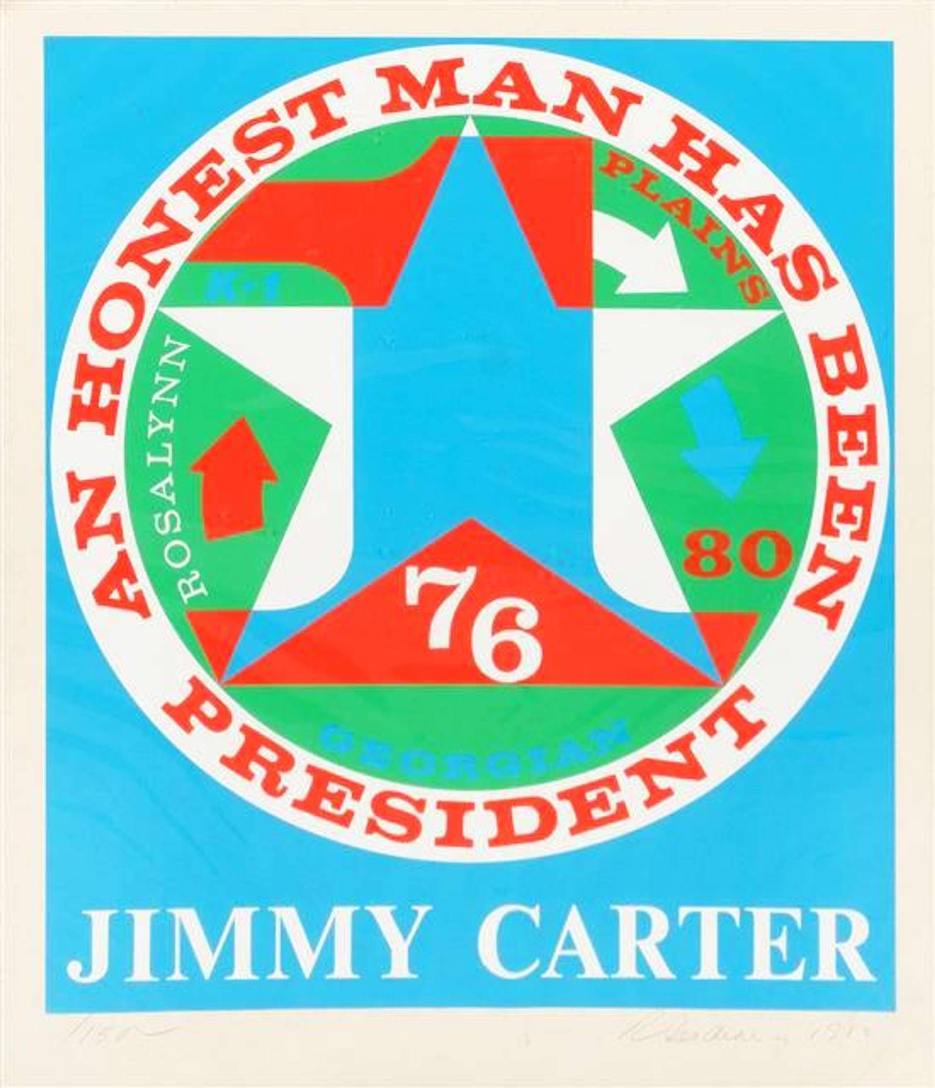 Jimmy Carter campaign ad with a star in the centre of the image surrounded by a wheel of text