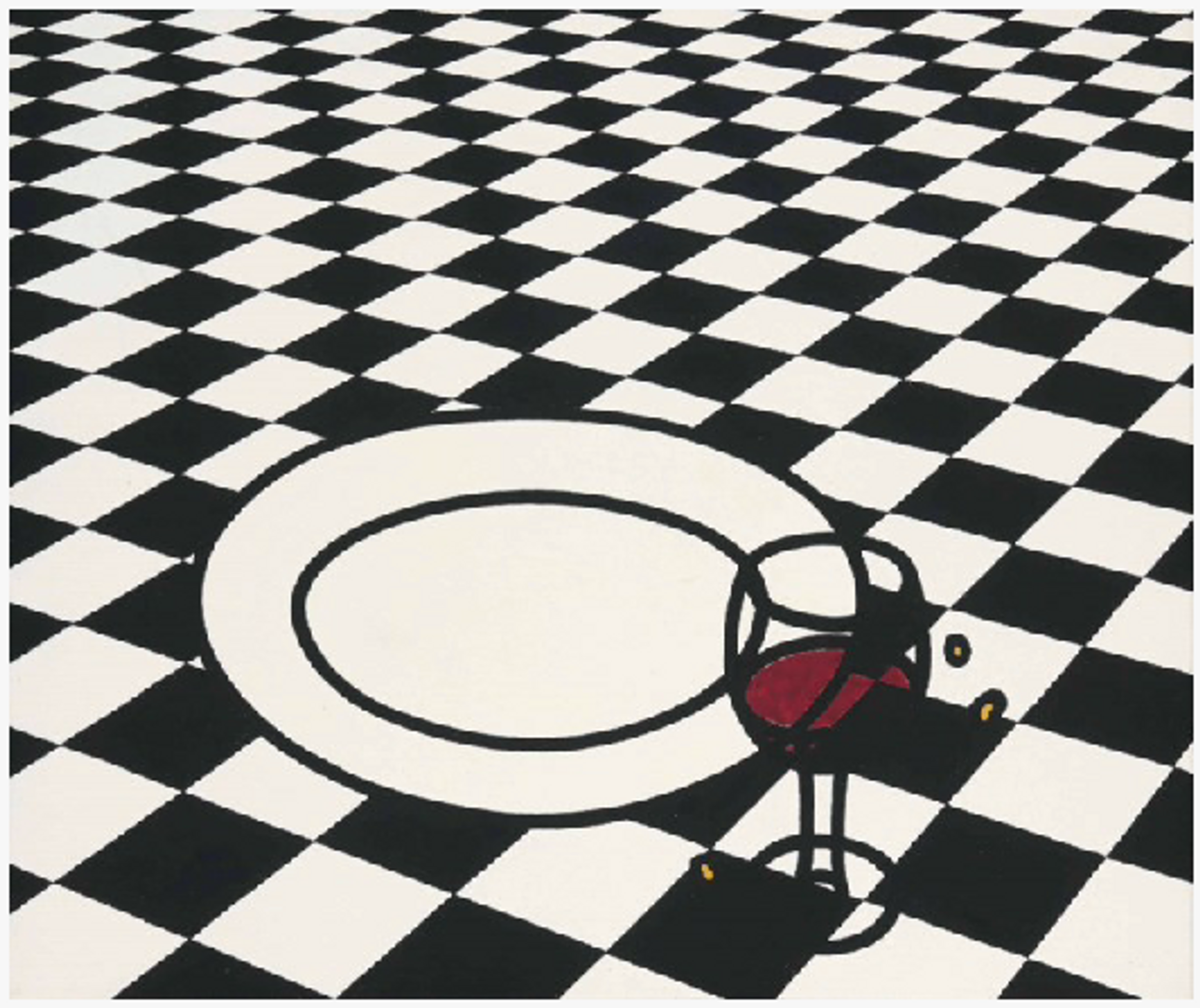 Graphic depiction of a half-filled wine glass alongside an empty white plate on a black-and-white checkered tablecloth.