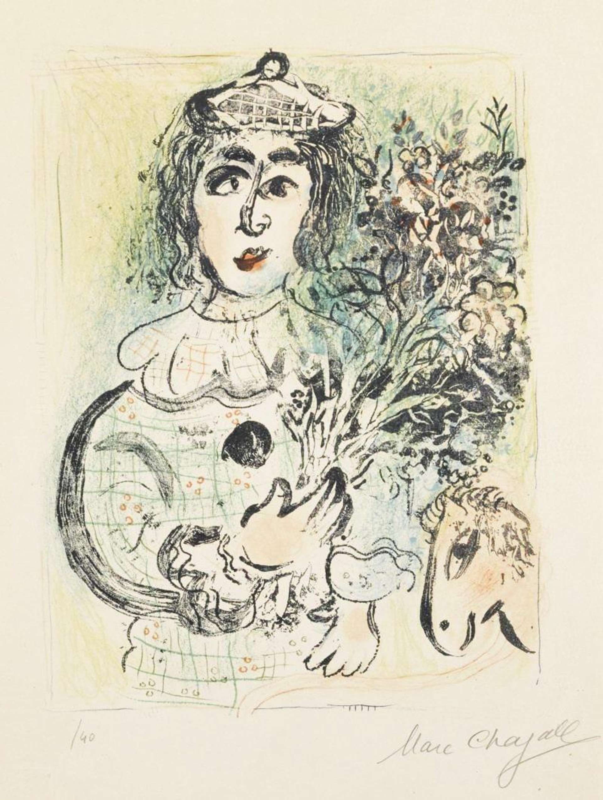 Marc Chagall: The Clown With Flowers - Signed Print
