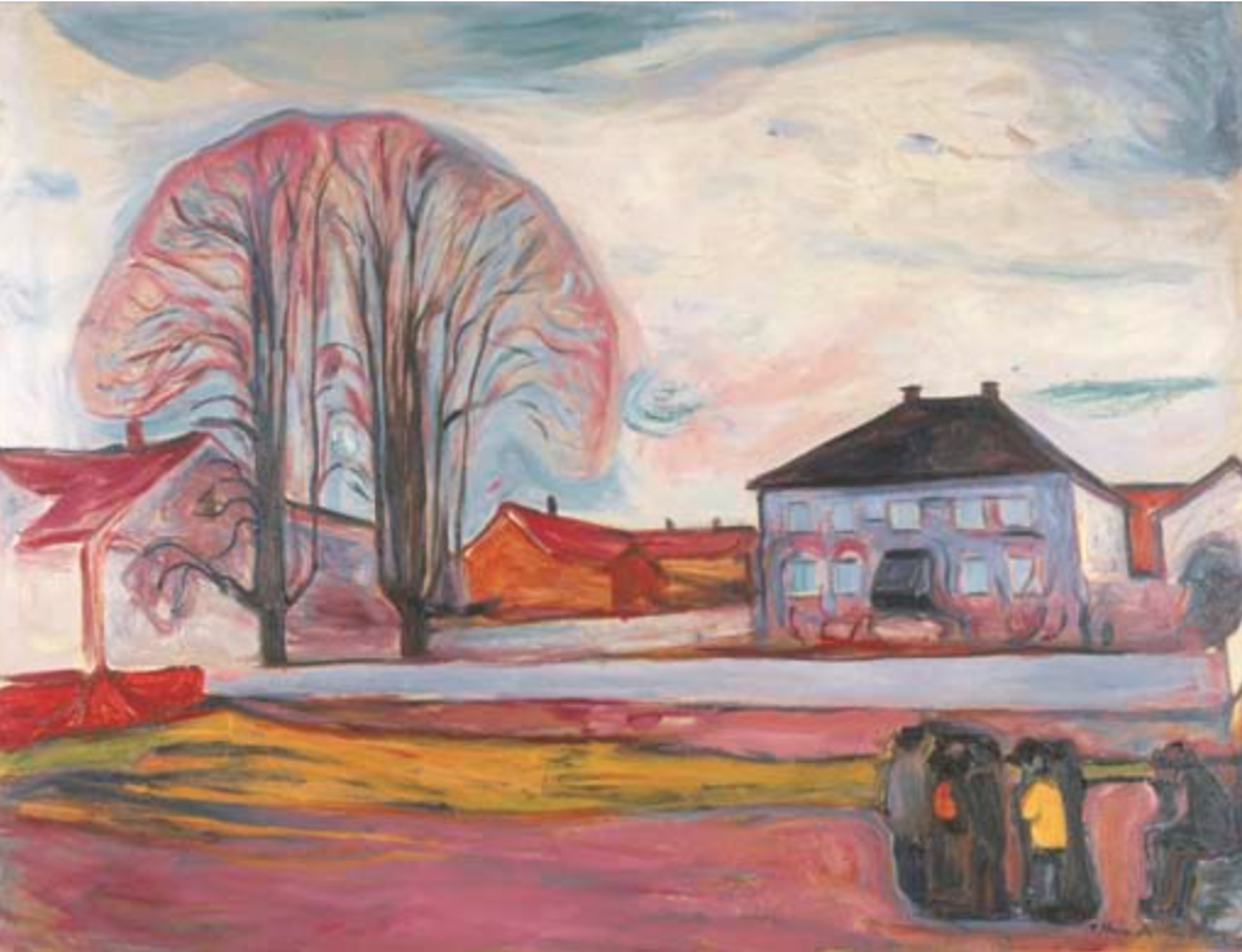 An expressive painting of a rural scene featuring a large, leafless tree dominating the left side, flanked by houses and a blue-grey building on the right. The foreground shows a group of figures gathered in dark clothing, contrasted against warm tones of red, yellow, and orange in the landscape, with a cloudy, dynamic sky overhead.