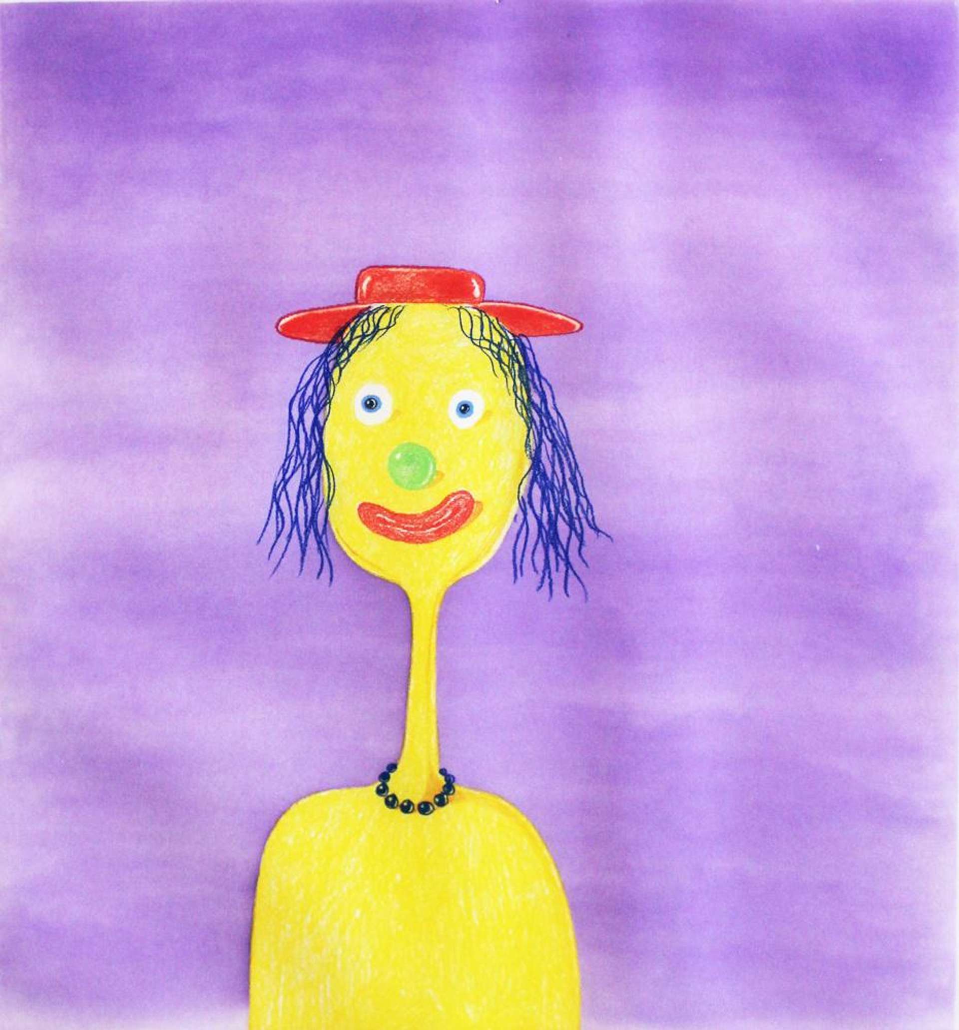 George Condo’s Clown. An etching of a yellow clown with a green nose and red hat against a purple background.