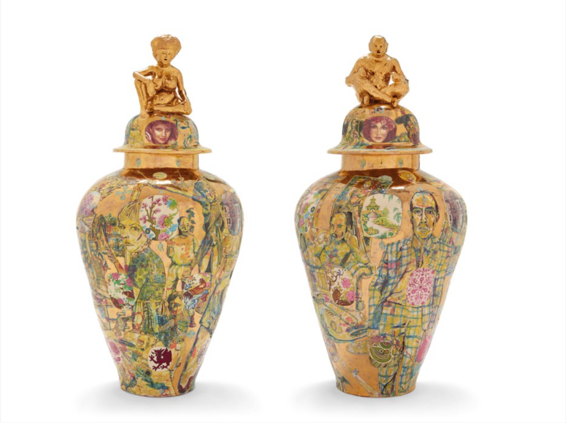 Pair of gold vases by Grayson Perry, with one depicting his mother and the other depicting his step-father. 