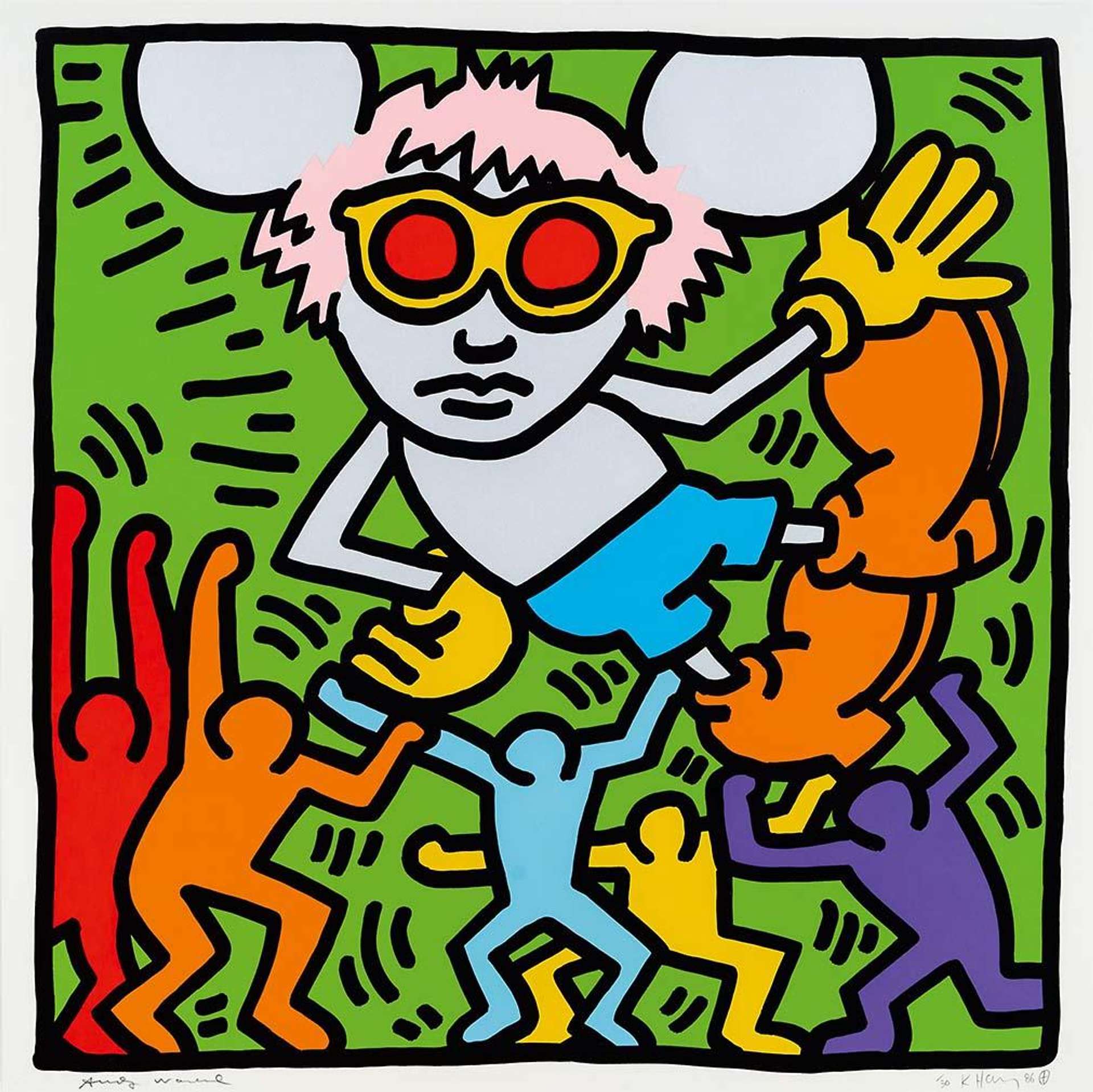 In this print, Keith Haring depicts Andy Warhol as a Mickey Mouse figure held aloft by a group of his signature dancing figures, all emitting energy lines of joy while Warhol remains inscrutable.