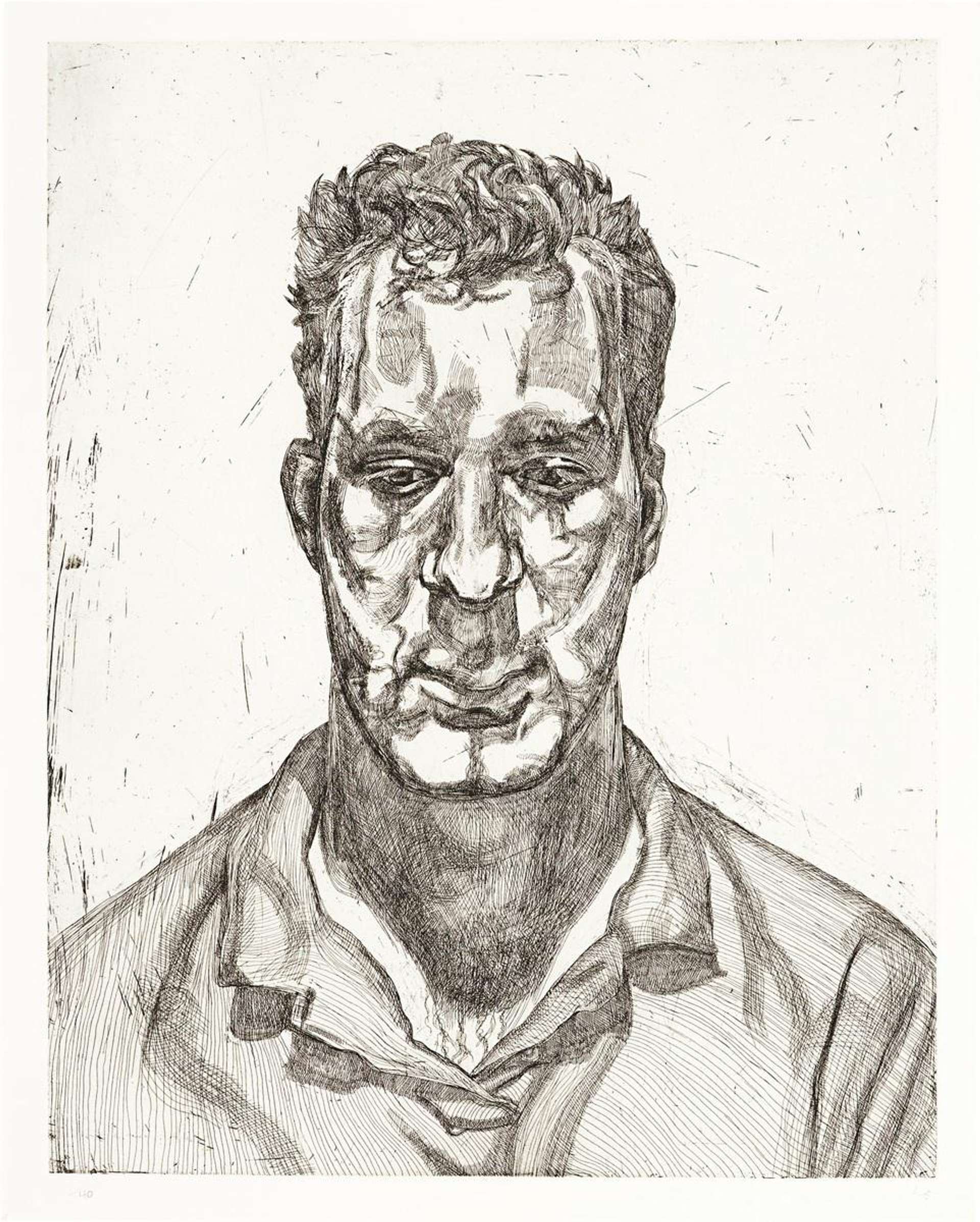 Lucian Freud’s Kai. A drawing of a man facing forward, but with his gaze pointed down. 