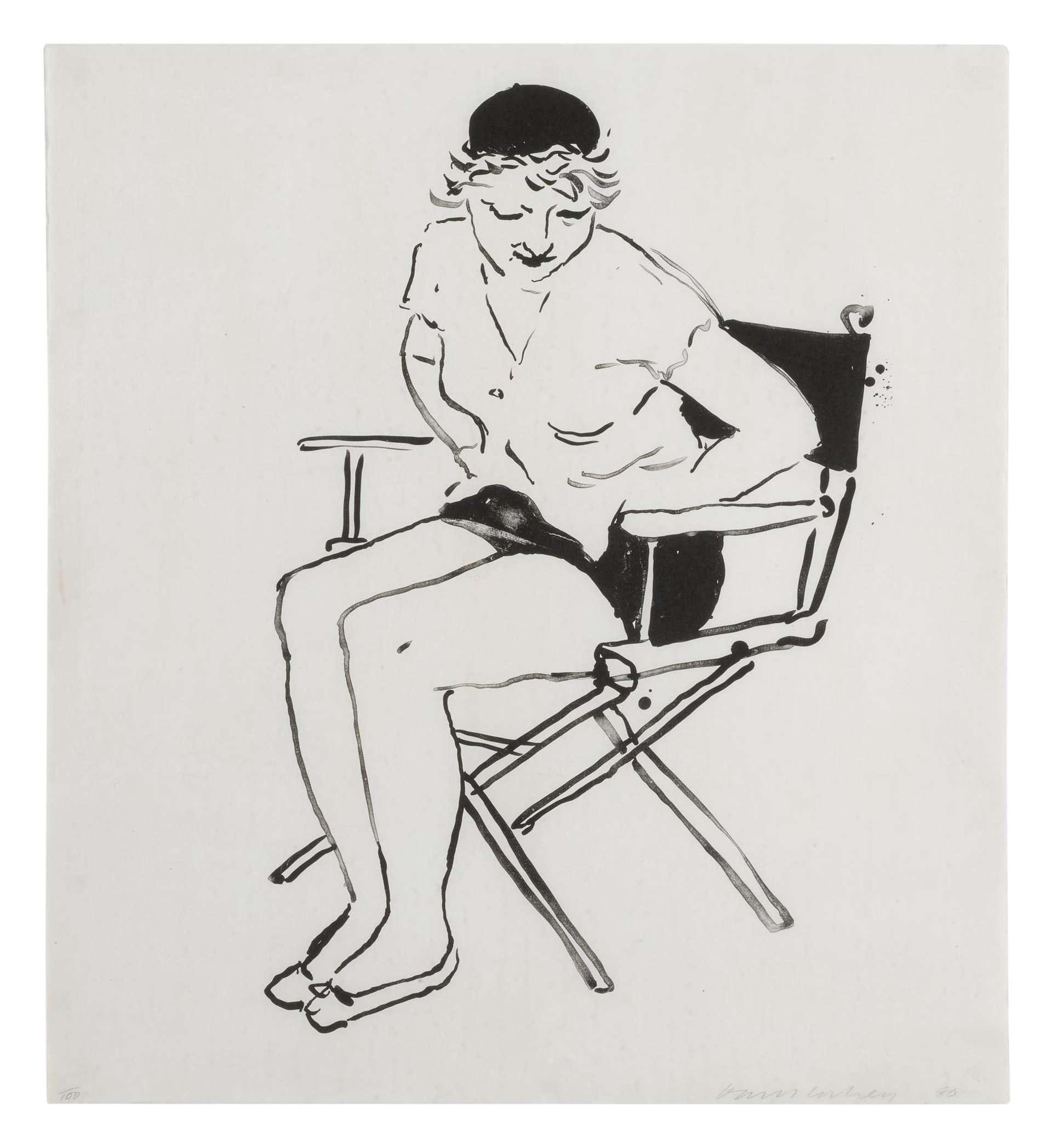 Celia In The Director’s Chair shows the designer and model sat forwards in the classic style of chair, her eyes downturned and her hands in her pockets as if she might be just about to get up. She wears a tight black skirt that reveals her bare legs and a plain blouse, with a black beret on her head.