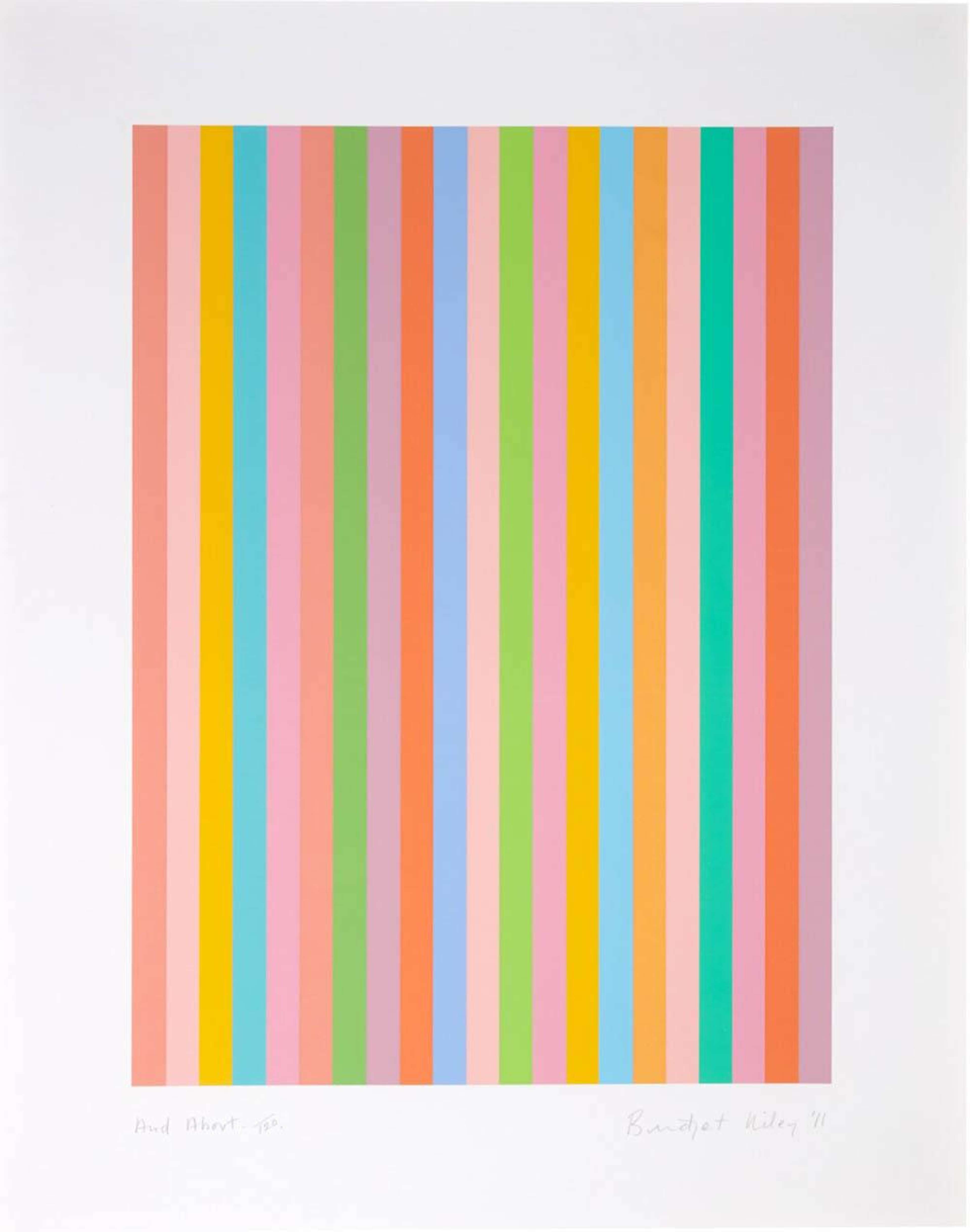 Bridget Riley’s And About. An optical illusion screenprint of multicoloured stripes against a white background. 