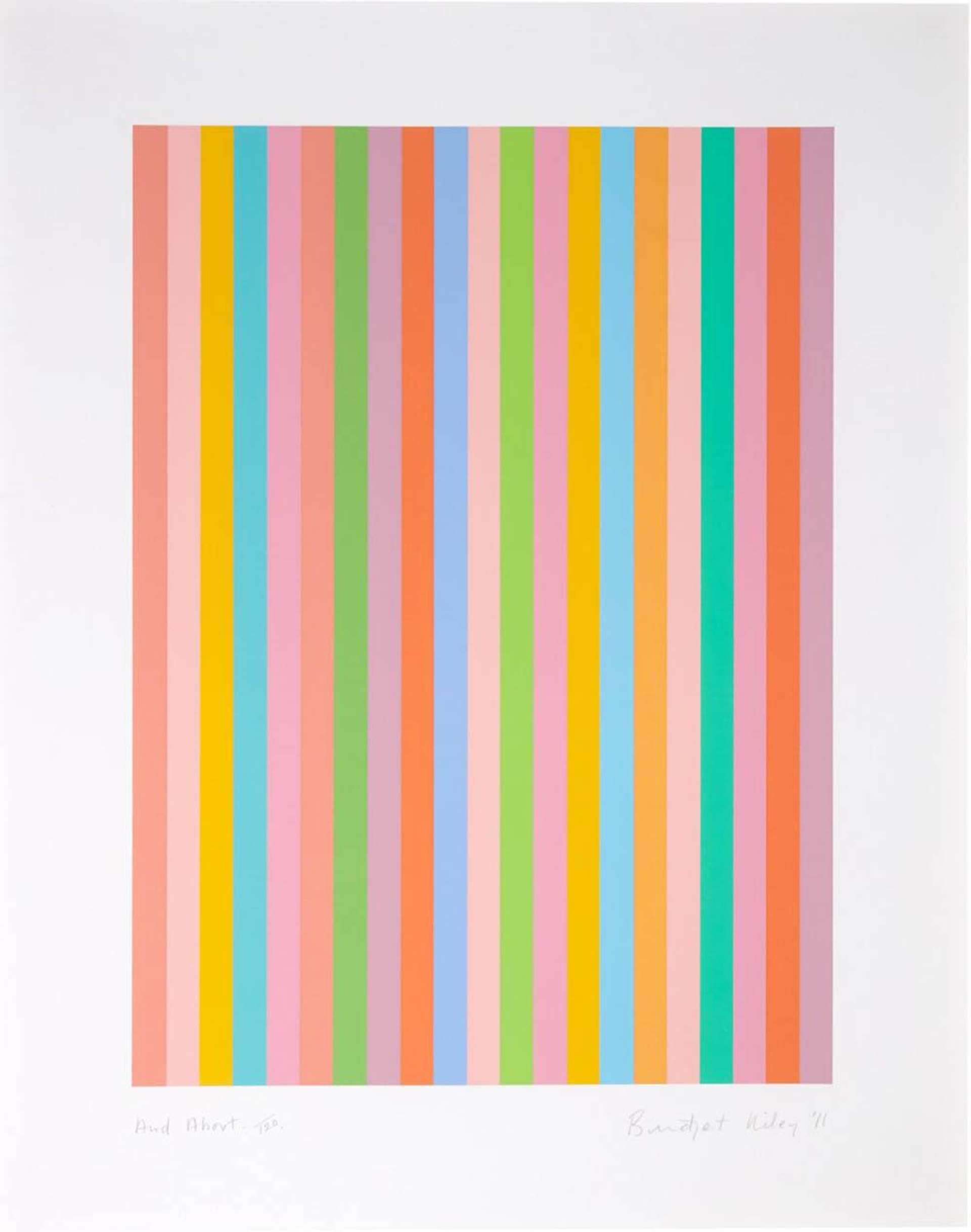And About is composed of vertical lines in eight varying colours, arranged in a seemingly random order, is instantly recognisable as the work of British painter Bridget Riley. 