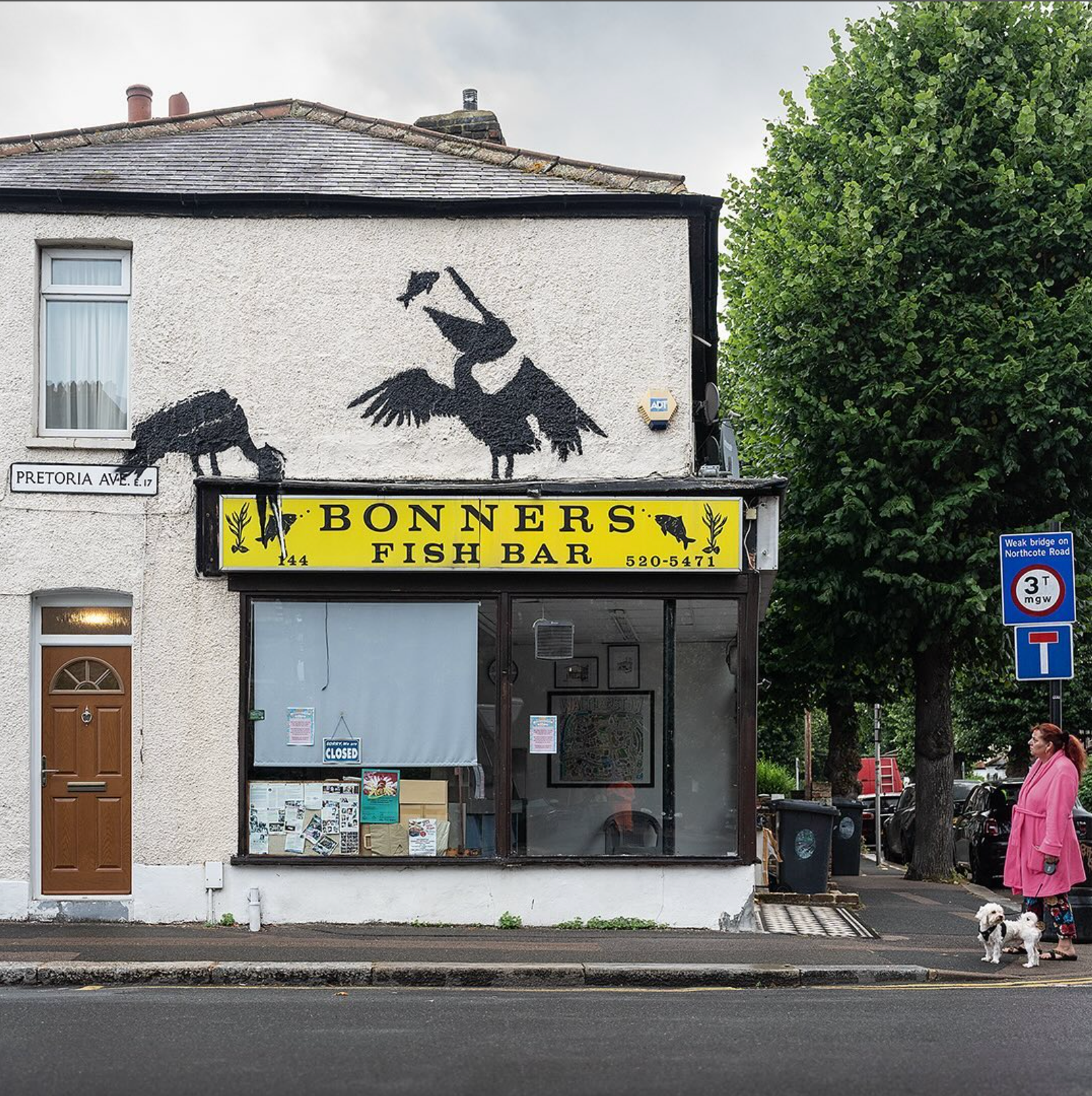 Banksy's two pelicans above a fish and chip shop called Bonneres in Pretoria Avenue, showing two spray painted pelicans easting fish. 