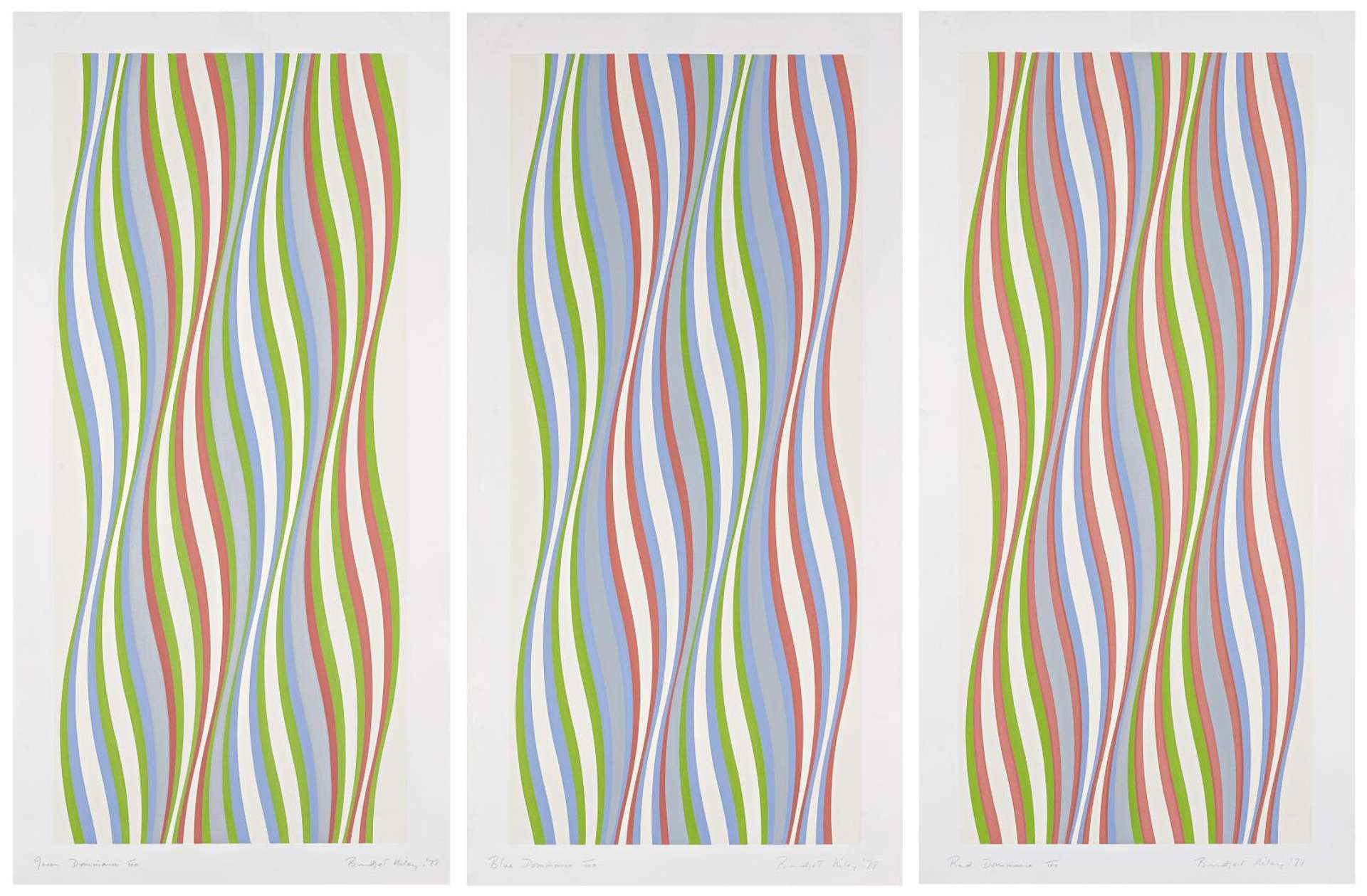 Three separate prints depicting a colourful waves stretching up the composition, in varying muted hues.